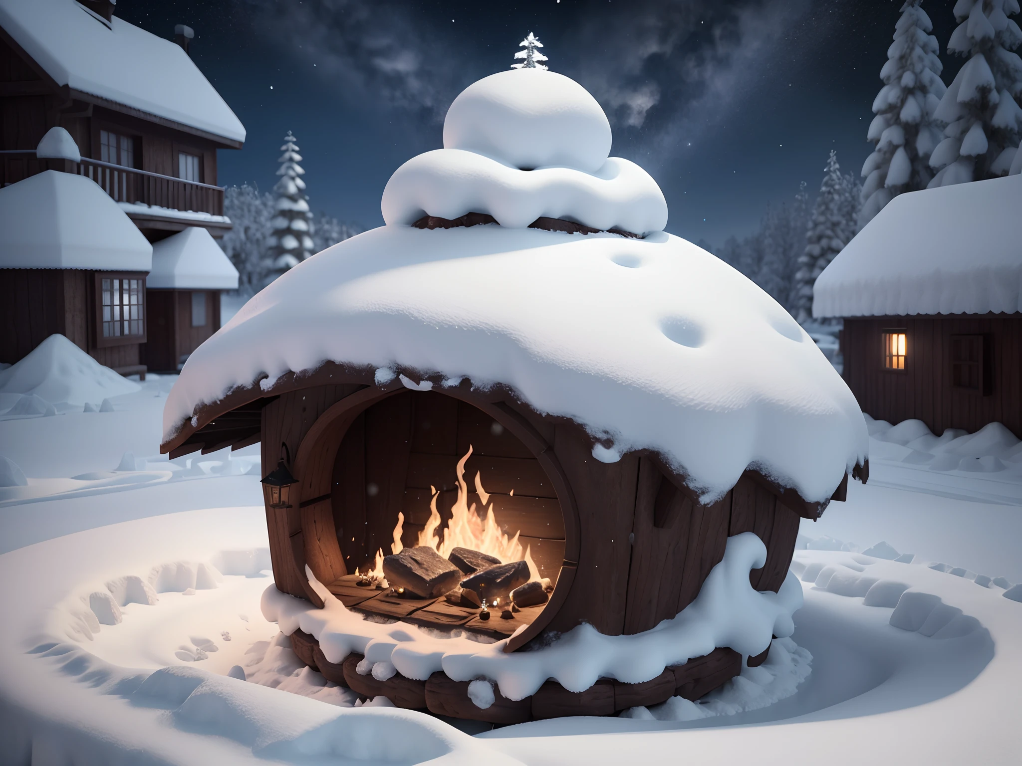 cena nevada de uma pequena cabana de madeira com um fogo nela, cena encantada aconchegante, fantasia de cena de inverno, renderizado em cinema4d, renderizado em cinema 4 d, Noite de Natal de inverno nevada, Arte conceitual de inverno, renderizado em v-ray, caverna de neve, 3d rendering stylized, renderizado em maia, 3 d render stylized, renderizado em maia 4 d