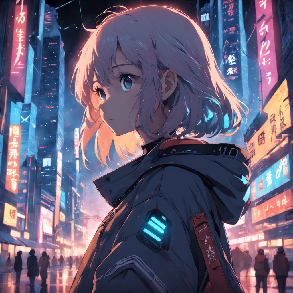 masterpiece, best quality, movie still, 1 girl, girl in techwear, dystopian,facing to the sky, bright, girl with magic, warm lighting, intense