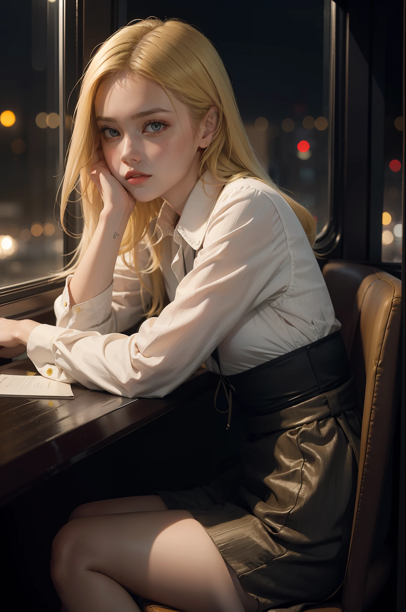 sitting woman portrait, blond hair, facing the window, night, sad mood, confusion, car light, yellow light, dark background, sitting in the restaurant
