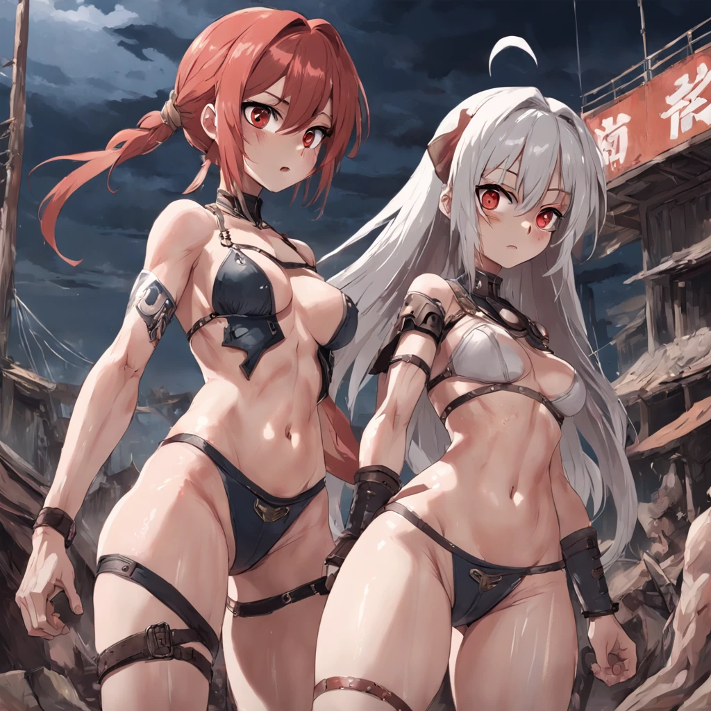 (Perspective),(Low Angle),((Comics)),(Masterpiece))), (((Best Quality))),((((Bare loincloth lifted up)))),((Ultra-detailed)), (highly detailed CG illustration), ((extremely delicate and beautiful face))),(masked), cinematic light, absurd clothing, (((girls in battle stances))) (full-length)), (masterpiece:1.2), ((Best quality:1.3), ((Multi-character combat))),(CHARACTERS OF THE POST-APOCALYPTIC WASTELAND WORLD)))), (CHARACTERS WANDERERS-RAIDERS)))), ((Mad Max's concept))))), (beautiful face)), ( beautiful anime eyes of characters))) , ( high-quality anime eyes of characters), (((( high-quality anime pupils)), ( beautiful anime pupils)), (( beautiful shape of anime eyes)), (( beautiful shape of anime pupils)), (( all faces with anime eyes)), ( simple anime eyes of characters))))) ,( without panties)))), wet skin, water, ((( very fighting pose))), (( very torn clothes))), atmosphere post-apocalyptic world, (((pulling on clothes))), (((bare torn clothes))))), ((eyebrows)))), ((mouth ajar))), (adult characters), ((character with red hair))), (open mouth screaming))), (angle from the ground to))), (naked)))), (pose jumps and runs)))) , (art in dynamics)))), (chase at high speed)))), (perspective from bottom to top))), ((big breasts)), (anatomy in perspective)))), (jumps))), ((naked)))), (not naked)))), ( bare chest is larger than the joint))), (( very red blush on the cheeks)))), ((background in the store of loincloth white bandages)), ((very embarrassed and red faces of girls)))), ((jumps)), ((naked shameful bandages)))), ((((absolutely without panties))))