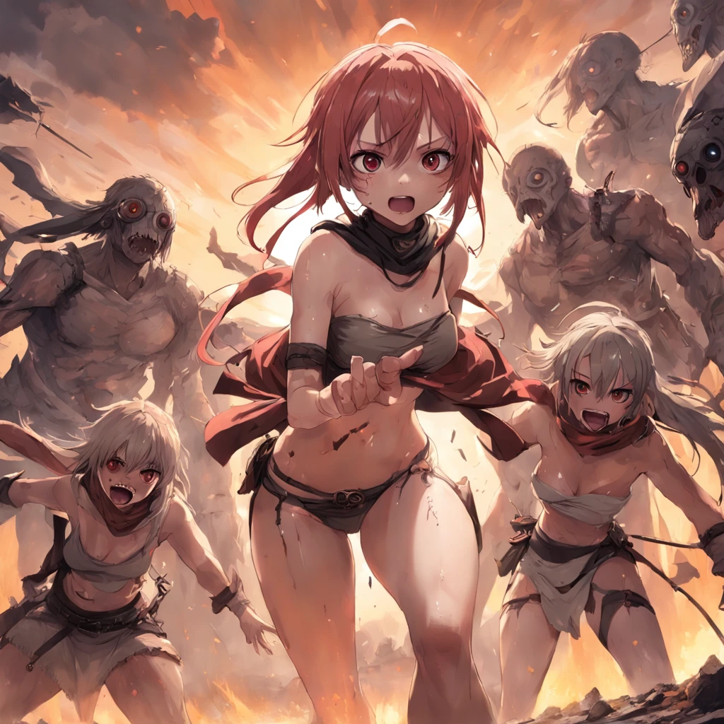 (Perspective),(Low Angle),((Comics)),(Masterpiece))), (((Best Quality))),((((Bare loincloth lifted up)))),((Ultra-detailed)), (highly detailed CG illustration), ((extremely delicate and beautiful face))),(masked), cinematic light, absurd clothing, (((girls in battle stances))) (full-length)), (masterpiece:1.2), ((Best quality:1.3), ((Multi-character combat))),(CHARACTERS OF THE POST-APOCALYPTIC WASTELAND WORLD)))), (CHARACTERS WANDERERS-RAIDERS)))), ((Mad Max's concept))))), (beautiful face)), ( beautiful anime eyes of characters))) , ( high-quality anime eyes of characters), (((( high-quality anime pupils)), ( beautiful anime pupils)), (( beautiful shape of anime eyes)), (( beautiful shape of anime pupils)), (( all faces with anime eyes)), ( simple anime eyes of characters))))) ,( without panties)))), wet skin, water, ((( very fighting pose))), (( very torn clothes))), atmosphere post-apocalyptic world, (((pulling on clothes))), (((bare torn clothes))))), ((eyebrows)))), ((mouth ajar))), (adult characters), ((character with red hair))), (open mouth screaming))), (angle from the ground to))), (naked)))), (pose jumps and runs)))) , (art in dynamics)))), (chase at high speed)))), (perspective from bottom to top))), ((big breasts)), (anatomy in perspective)))), (jumps))), ((naked)))), (not naked)))), ( bare chest is larger than the joint))), (( very red blush on the cheeks)))), ((background in the store of loincloth white bandages)), ((very embarrassed and red faces of girls)))), ((jumps)), ((naked shameful bandages)))), ((((absolutely without panties))))