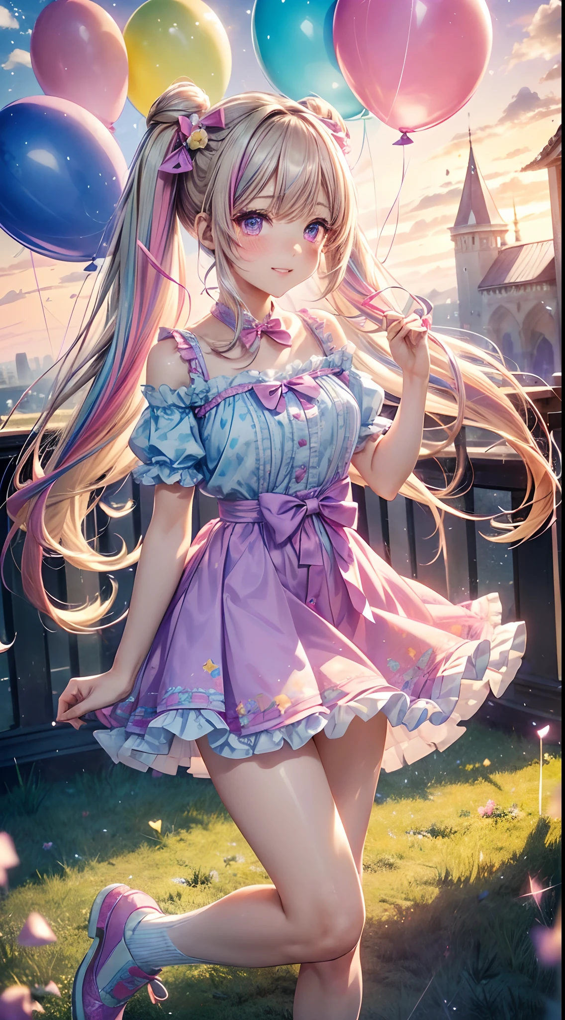 (fullbody, legs and shoes visible: 1.2)) expressive eyes, woman, pale skin, long hair, windblown hair, ((absurdly long hair)), long sidelocks, hime bangs, hair fringe, hair bun, ((very long twintails)), iridescent hair, light pink hair, blushing, full face blushing, big sparkling pastel purple eyes, (gradient eyes), open mouth smile, cute pose, ((holding balloons : 1.3))
((cute and pastel fashion)) ((🌞🥳😃🌹🌷🌳 theme : 1.4)) flowy pastel dress, ((dreamy multicolored open dress)), (floating ribbons), lavender ruffles, pink frills, (light blue lace), detached short sleeves, puffy skirt, ((rainbows and stars print skirt : 1.3)), lolita skirt, purple bows, ((pompon ribbons hair ornament : 1.4)), multiple bows, striped lace stockings, (heart shaped leg garter), cute (pastel purple) shoes ((hyperdetailed clothing and fashion)) looking at you, vintage girl, blushing, (beautiful detailed eyes), (extremely detailed CG unity 8k wallpaper) (best shadow), ((an extremely delicate and beautiful)), (detailed light), ((depth of field)) big head, big sparkling eyes, moe, splash art, cinematic lighting, frontal view, volumetric lighting maximalist photo illustration 64k resolution high res intricately detailed complex key visual precise linear
((in the dreamy pastel sky background, surrounded by sunset clouds, shooting stars, castles in the clouds)) ((hyperdetailed scenery, foggy clouds, suspended by balloons, hearts : 1.3))
