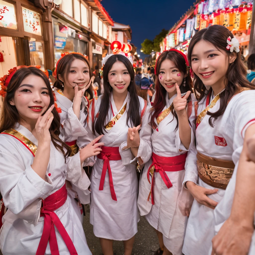 crie uma imagem encantadora de uma 'foto selfie' com quatro amigos, sendo dois meninos e duas meninas. Everyone is wearing detailed cosplay outfits and costumes inspired by otaku culture. The setting is a modern Japanese urban environment, repleto de toques tradicionais e elementos modernos. Cores neon vibrantes iluminam o ambiente, destacando a atmosfera animada da cena.Friends are lined up in front of a busy street, em um beco estreito com lanternas japonesas penduradas e fios de luz neon cintilantes. They are in relaxed poses, exibindo suas roupas de cosplay com entusiasmo. Each person is smiling happily at the camera, conveying the emotion and camaraderie of the moment.The cosplay outfits are meticulously detailed and inspired by iconic characters from otaku culture, with bright colors and authentic accessories. The facial expressions of the friends reflect their passion and joy for the culture, while the scenery provides a fascinating contrast between the traditional and the modern.The neon lights cast a magical glow on the scene, destacando os trajes e rostos dos amigos. Small details like Japanese signs and anime posters in the background add authenticity to the landscape. The energetic vibe of the modern Japanese city blends harmoniously with the excitement shared by friends and their unique cosplay outfits.This image captures the fun, The friendship and liveliness of otaku culture in a contemporary Japanese setting, full of neon colors and genuine smiles