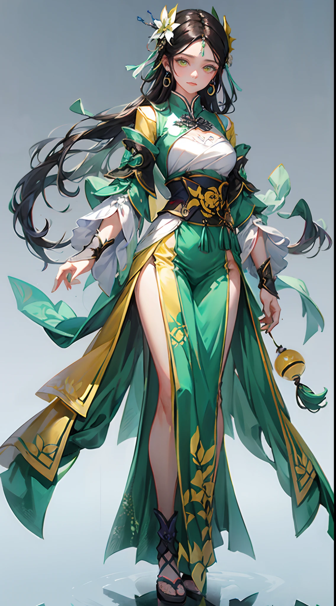 Game Character, East Asian Original Art Character Design, 1girl, solo, brunette hair, full body, hair accessory, dress, long hair, gradient, gradient background, jewelry, standing, yellow eyes, earrings, bare shoulders, thighs, chinese clothing, tassels, yellow strips, black bandeau,[:(gradient background:1.5):40],a close up of a woman in a green and white dress,