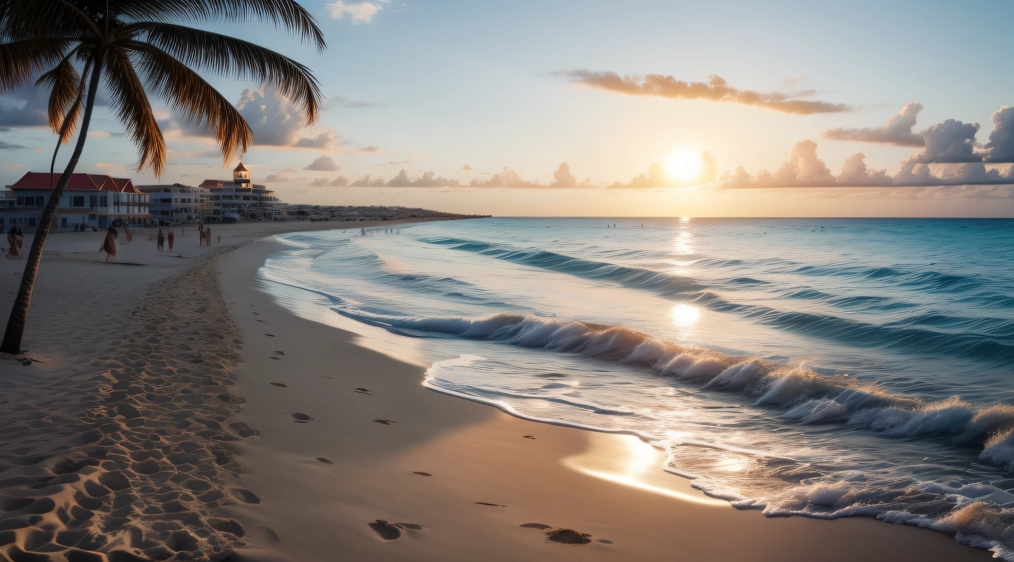 Great sun on the horizon, very bright, People swim in the ocean near a beach with a lighthouse, plage de Varadero, plage de sable blanc, plage de sable blanc, plage au premier plan, plage de sable, Caribbean white sand, Coast of the Sun, Sunny day at the beach, plages de sable blanc, Grand - Plan, Plan at scale, plage du coucher du soleil, Aruba, Cuba, Ultra grand angle, sable blanc, plage, soleil, sun , big sun, soleil fort