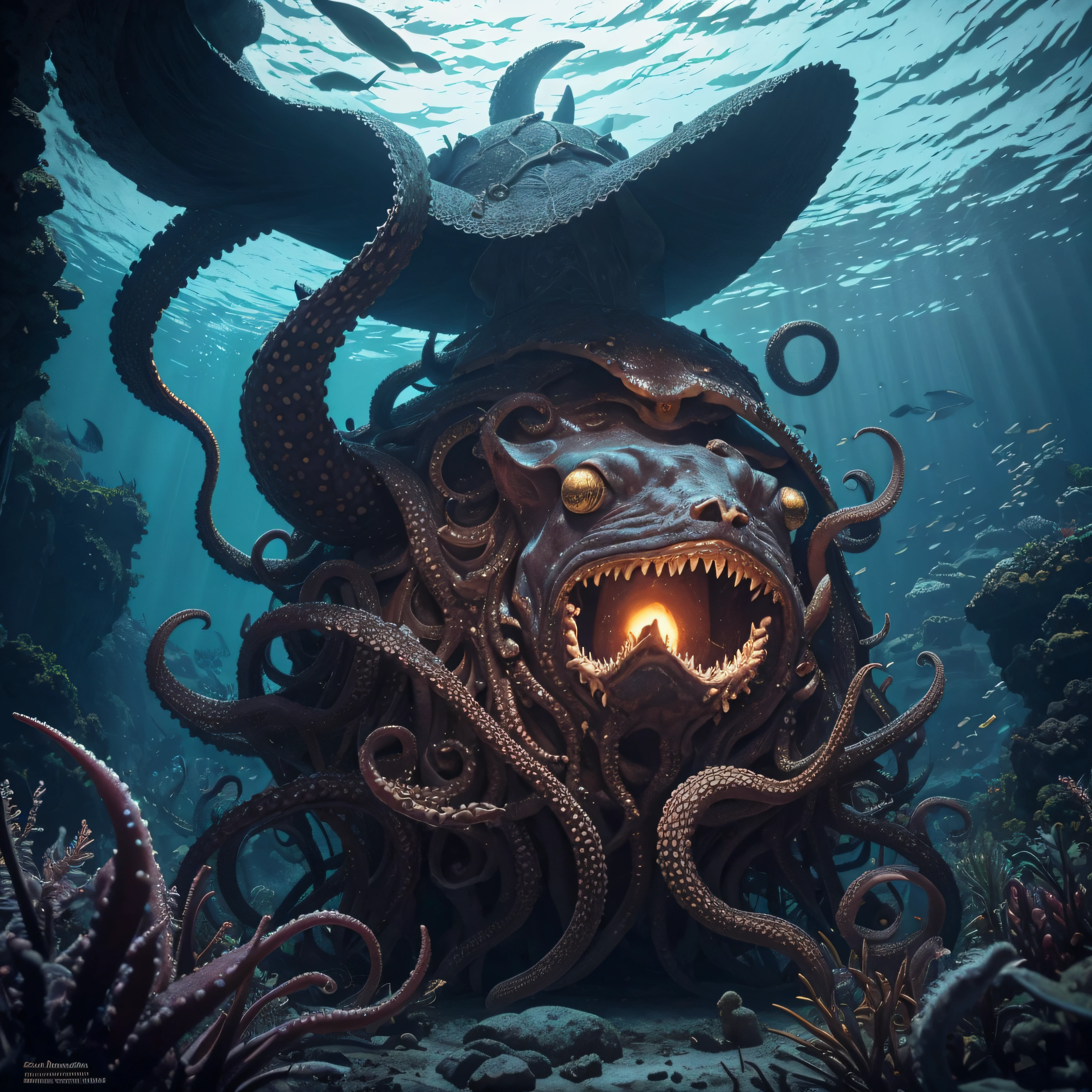 (extremadamente detallado, obra maestra, La mejor calidad, Under the Ocean), Estilo oscuro, volumetric illumination. armadura medieval, rostro con arrugas, lengua larga, tentacle, deforme, imagen submarina vista desde el exterior, pico de pulpo amenazante. manchas de tinta. Rococo composition. Luz de caravaggio