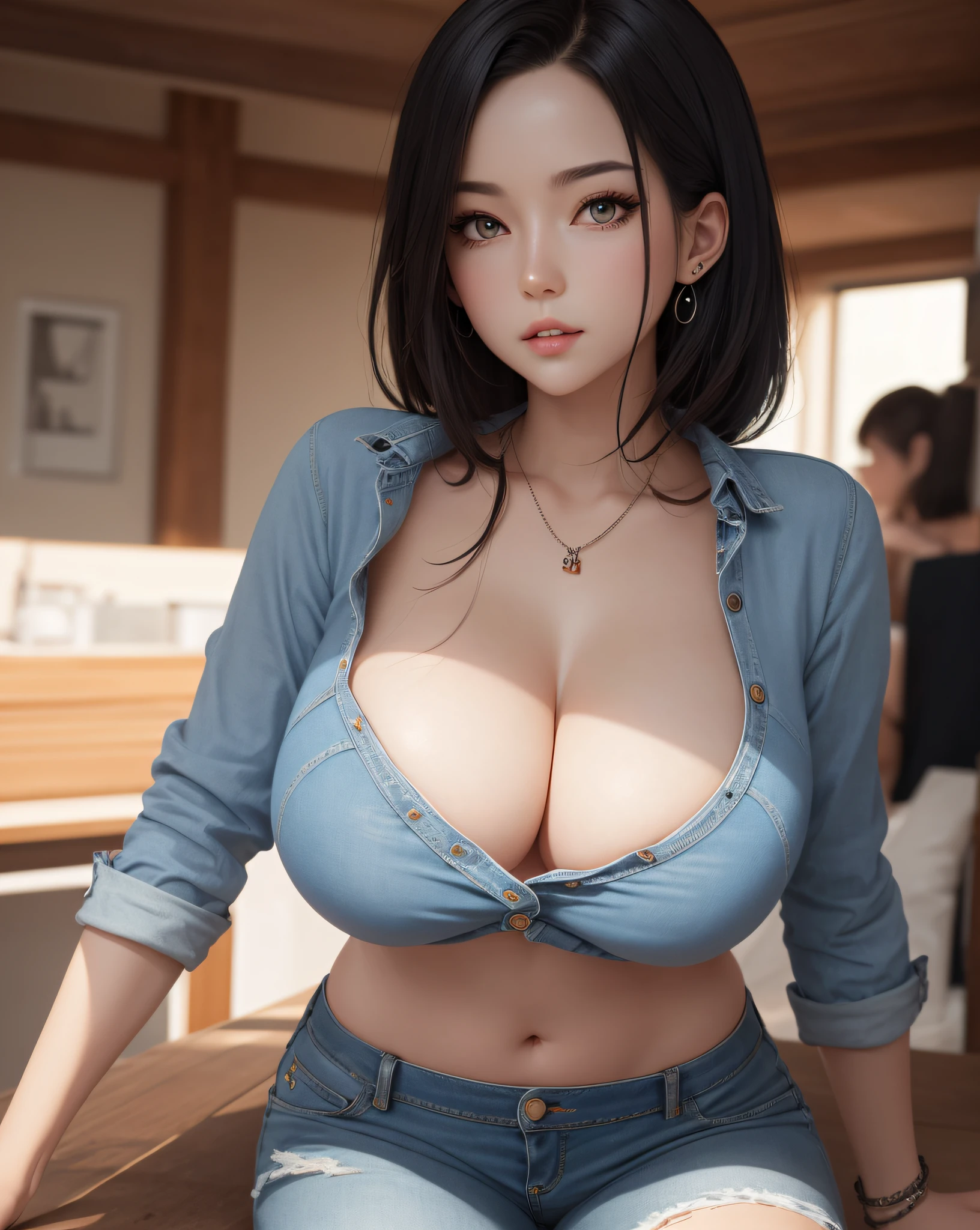 masterpiece, best quality, illustration, ultra-detailed, finely detail, highres, 8k wallpaper, perfect dynamic composition, beautiful detailed eyes,  natural lip, t-shirts , short denim pants , big breasts, cleavage