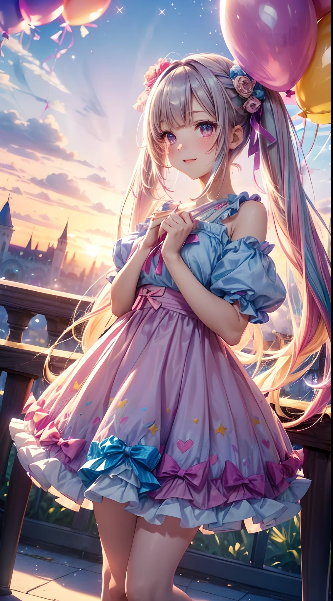 (fullbody, legs and shoes visible: 1.2)) expressive eyes, woman, pale skin, long hair, windblown hair, ((absurdly long hair)), long sidelocks, hime bangs, hair fringe, hair bun, ((very long twintails)), iridescent hair, light pink hair, blushing, full face blushing, big sparkling pastel purple eyes, (gradient eyes), open mouth smile, cute pose, ((holding balloons : 1.3)) 
((cute and pastel fashion)) ((🌞🥳😃🌹🌷🌳 theme : 1.4)) flowy pastel dress, ((dreamy multicolored open dress)), (floating ribbons), lavender ruffles, pink frills, (light blue lace), detached short sleeves, puffy skirt, ((rainbows and stars print skirt : 1.3)), lolita skirt, purple bows, ((pompon ribbons hair ornament : 1.4)), multiple bows, striped lace stockings, (heart shaped leg garter), cute (pastel purple) shoes ((hyperdetailed clothing and fashion)) looking at you, vintage girl, blushing, (beautiful detailed eyes), (extremely detailed CG unity 8k wallpaper) (best shadow), ((an extremely delicate and beautiful)), (detailed light), ((depth of field)) big head, big sparkling eyes, moe, splash art, cinematic lighting, frontal view, volumetric lighting maximalist photo illustration 64k resolution high res intricately detailed complex key visual precise linear 
((in the dreamy pastel sky background, surrounded by sunset clouds, shooting stars, castles in the clouds)) ((hyperdetailed scenery, foggy clouds, suspended by balloons, hearts : 1.3))