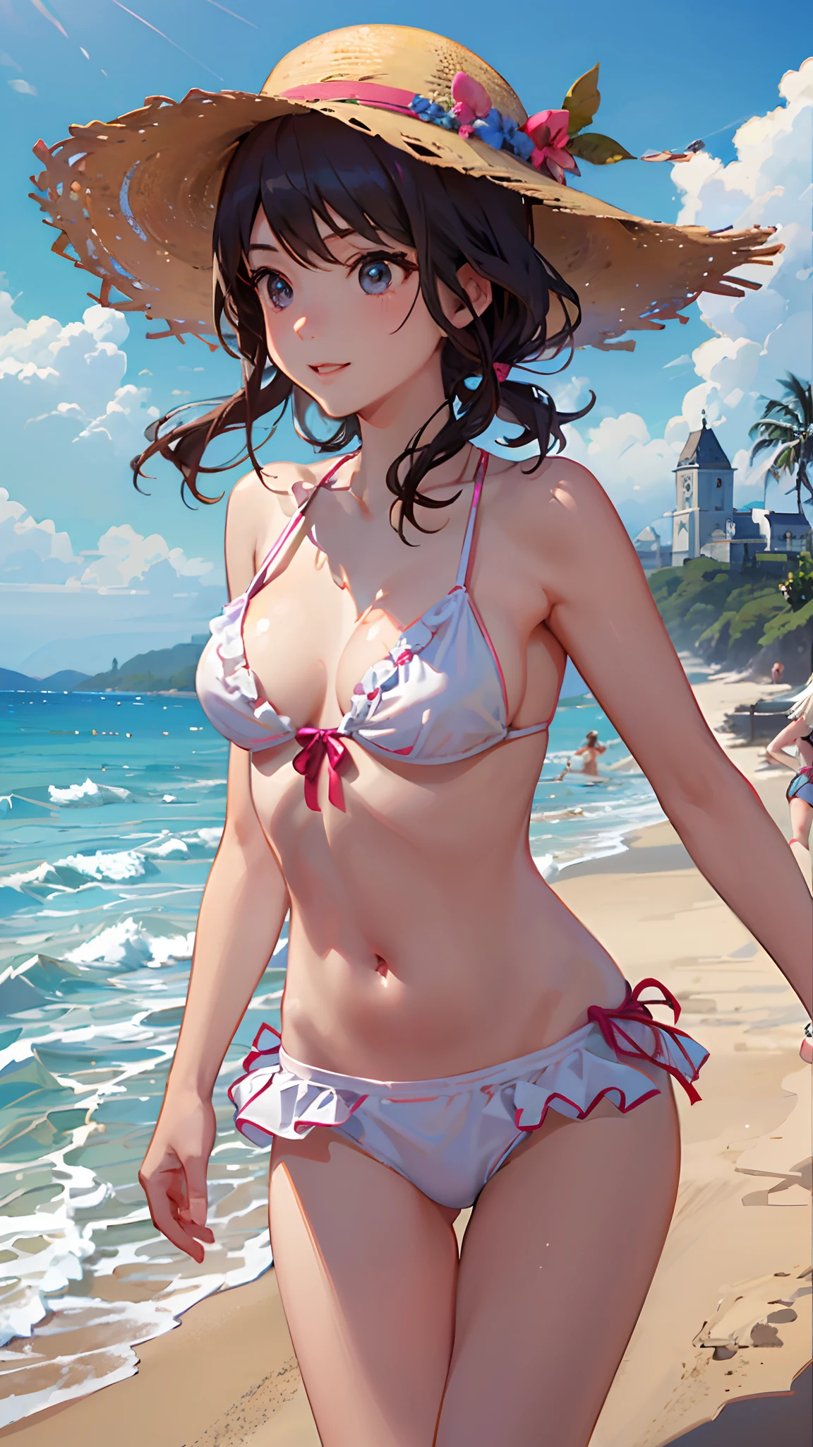 two girls, best friends, happy, (( enjoying summer vacation)), playful girls, (((((running joyfully on the beach))))), (wearing summer clothes), hats on heads, (((summer vibe))), best quality, HDR , UHD, close up shot, masterpiece, --auto --s2