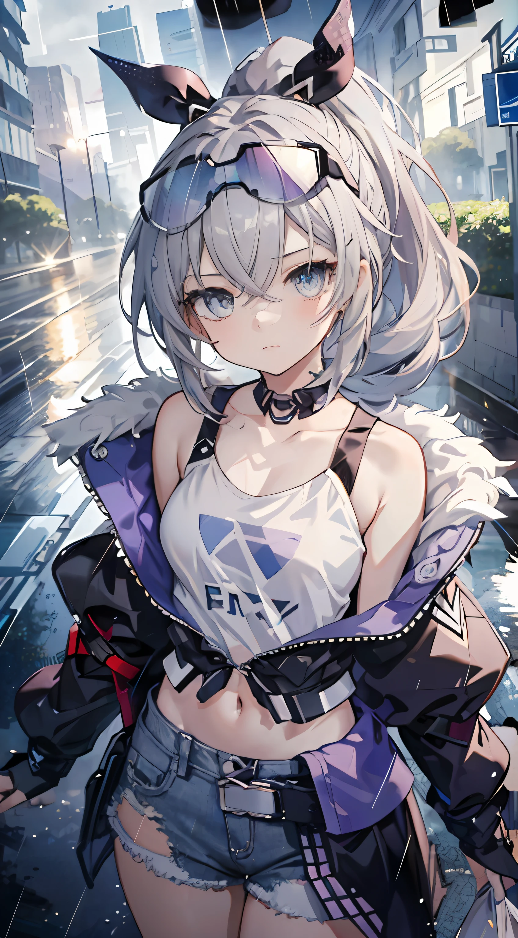 Exquisite masterpiece, best quality, illustration style, an anime girl with a curly ponytail, beautiful eyes, summer, white short-sleeved hem blown by the wind, jeans, blue-purple gradient goggles, small, heartwarming, youthful and beautiful, heroic and sassy, black and white matching, gray hair, showing a natural casual style. The dynamic posture contains the golden section, large aperture portrait, white space, strong contrast between light and shadow, super texture, super clear and concise picture, presenting extremely beautiful, elegant temperament, delicate facial expressions, city background, rainy days, road area water reflection