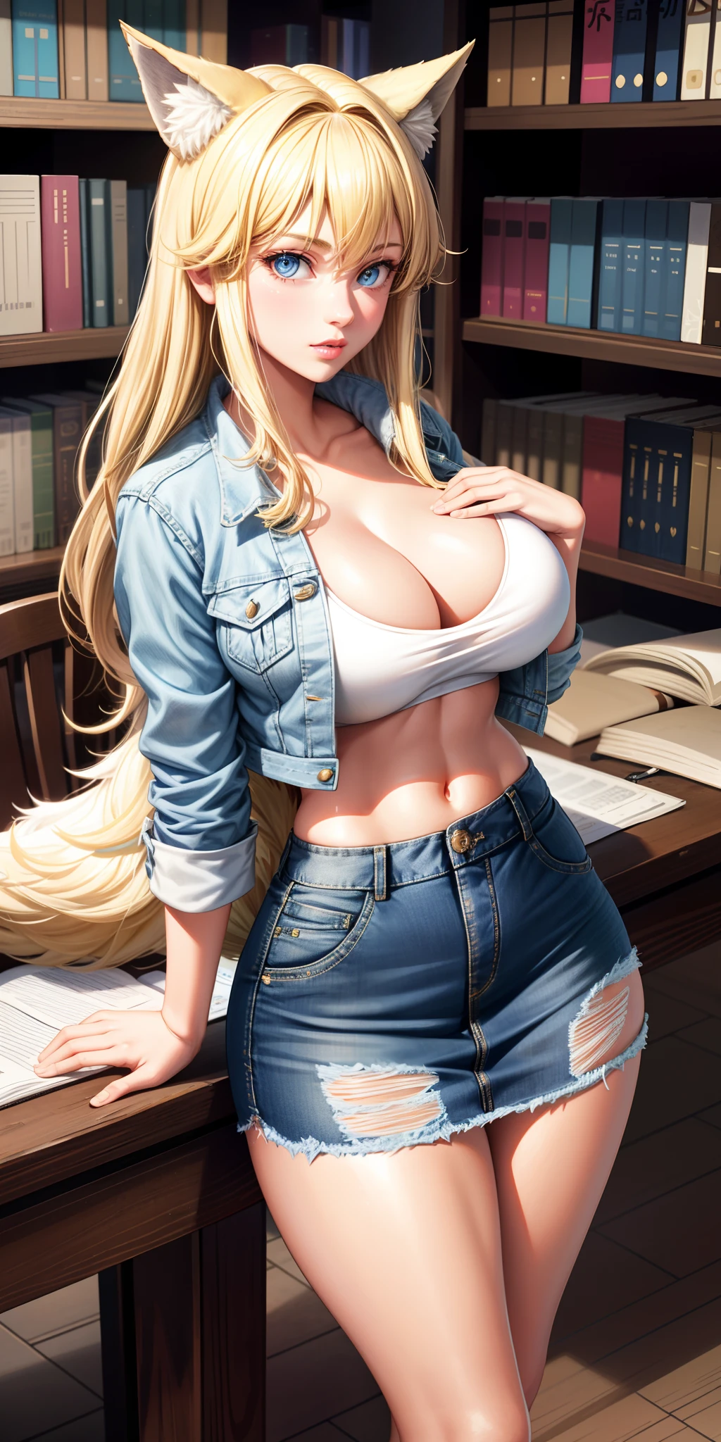 Big Breasts, 1girl, ((blonde hair)) ((wolf girl)) light blue eyes, has an extremely sexy body, with full breasts and thin waist, and an extremely sexy body, ro HIP HOP style short denim jacket medium skirt fabric delicate, has a bold appearance. young, quality, realistic, best quality, cute expression, blue lipstick lips, parted lips, leaning, library, books, table, chair