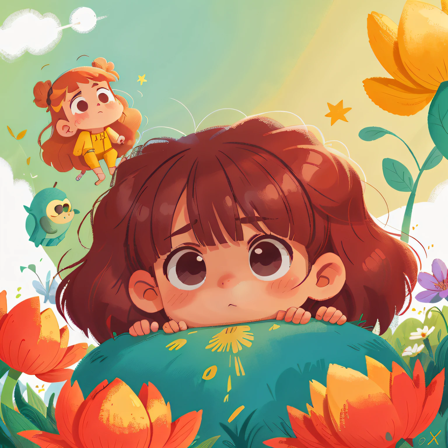 Poster design, (SFW), uma menina pequena, cabelos castanhos, olhar triste, querendo chorar qualidade perfeita, foco claro, colorido, rosto perfeito, detalhes intrincados, angle of view ultra-low, lente grande angular
seed 1060586882