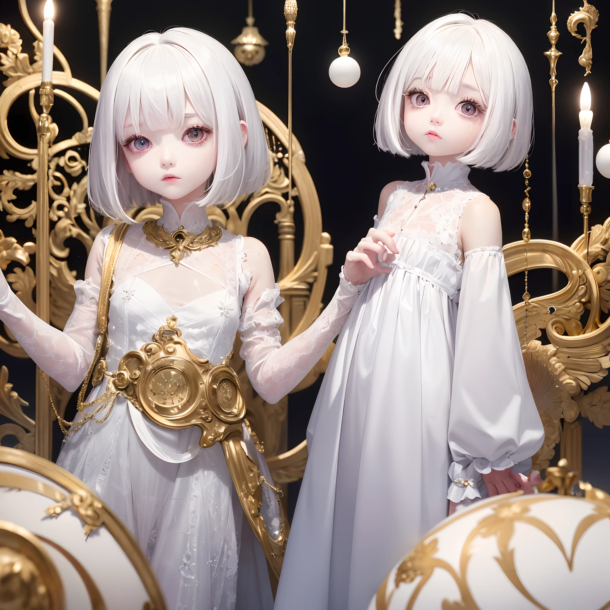 top-quality、masterpiece、white hair、Gold Eye、white clothes、look up to、The upper part of the body、Hair strands、light skinned、Short bob hair、3 girl、Big eyes、Beautie