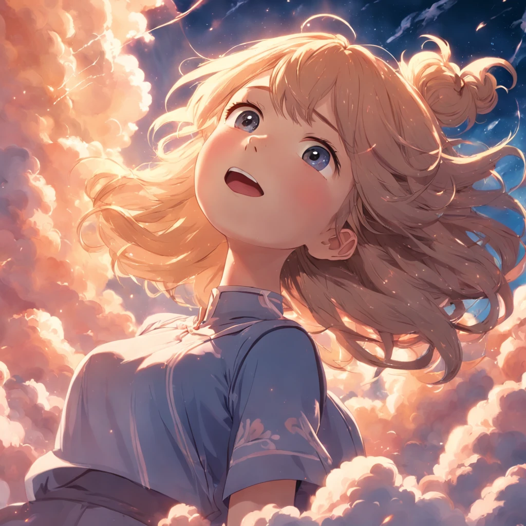 masterpiece, best quality, movie still, 1girl, cloud girl, floating in the sky, close-up, bright, happy, warm soft lighting, sunset, (sparks:0.7)