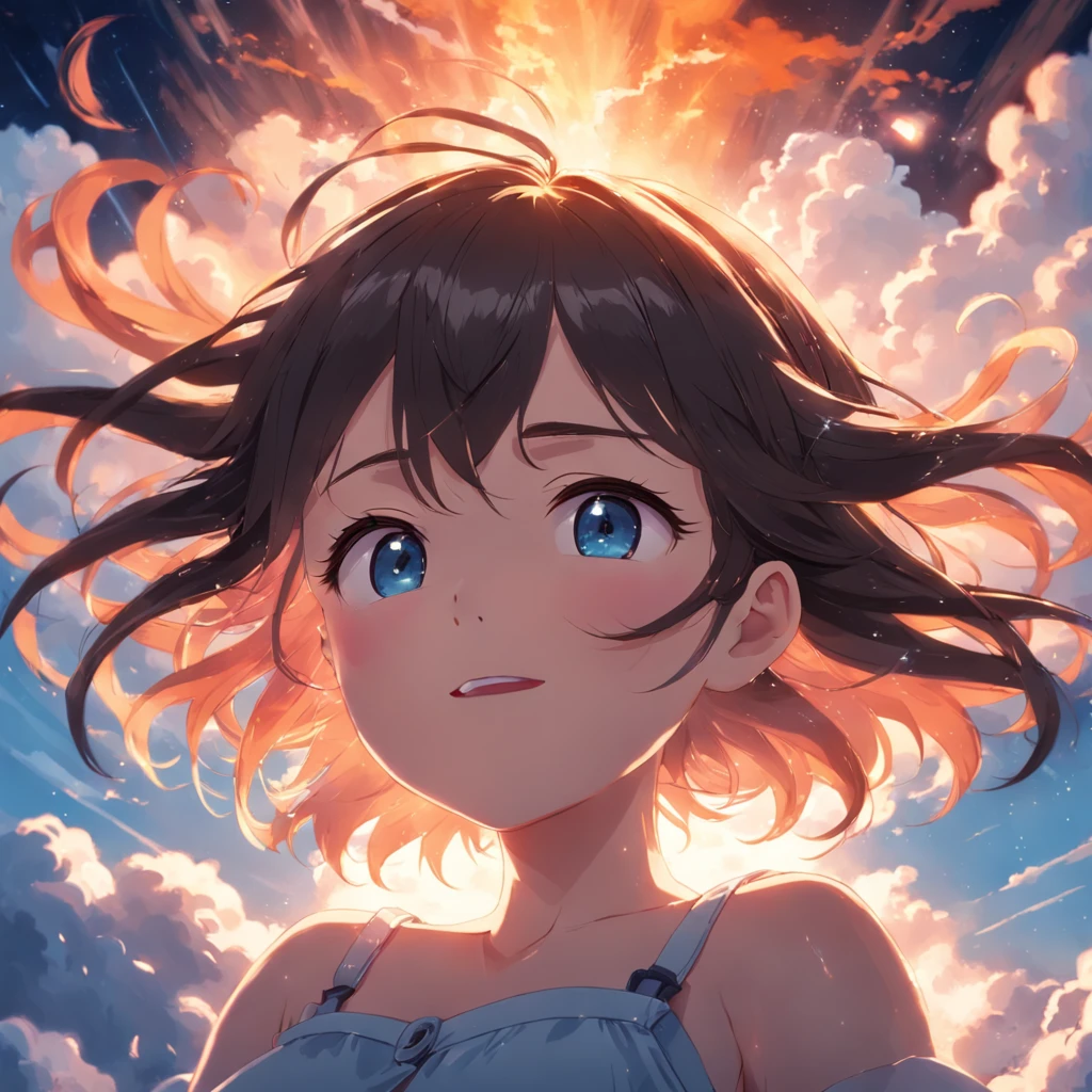 masterpiece, best quality, movie still, 1girl, cloud girl, floating in the sky, close-up, bright, happy, warm soft lighting, sunset, (sparks:0.7)