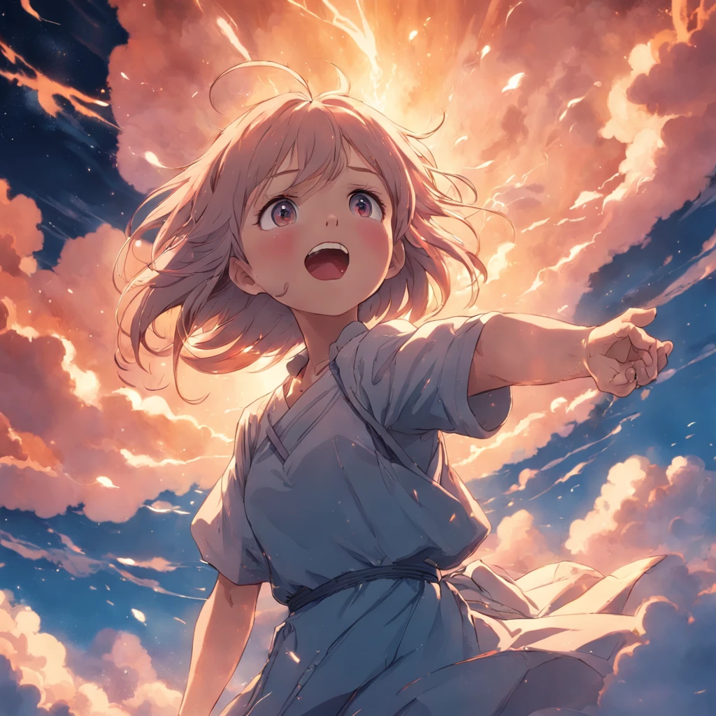 masterpiece, best quality, movie still, 1girl, cloud girl, floating in the sky, close-up, bright, happy, warm soft lighting, sunset, (sparks:0.7)