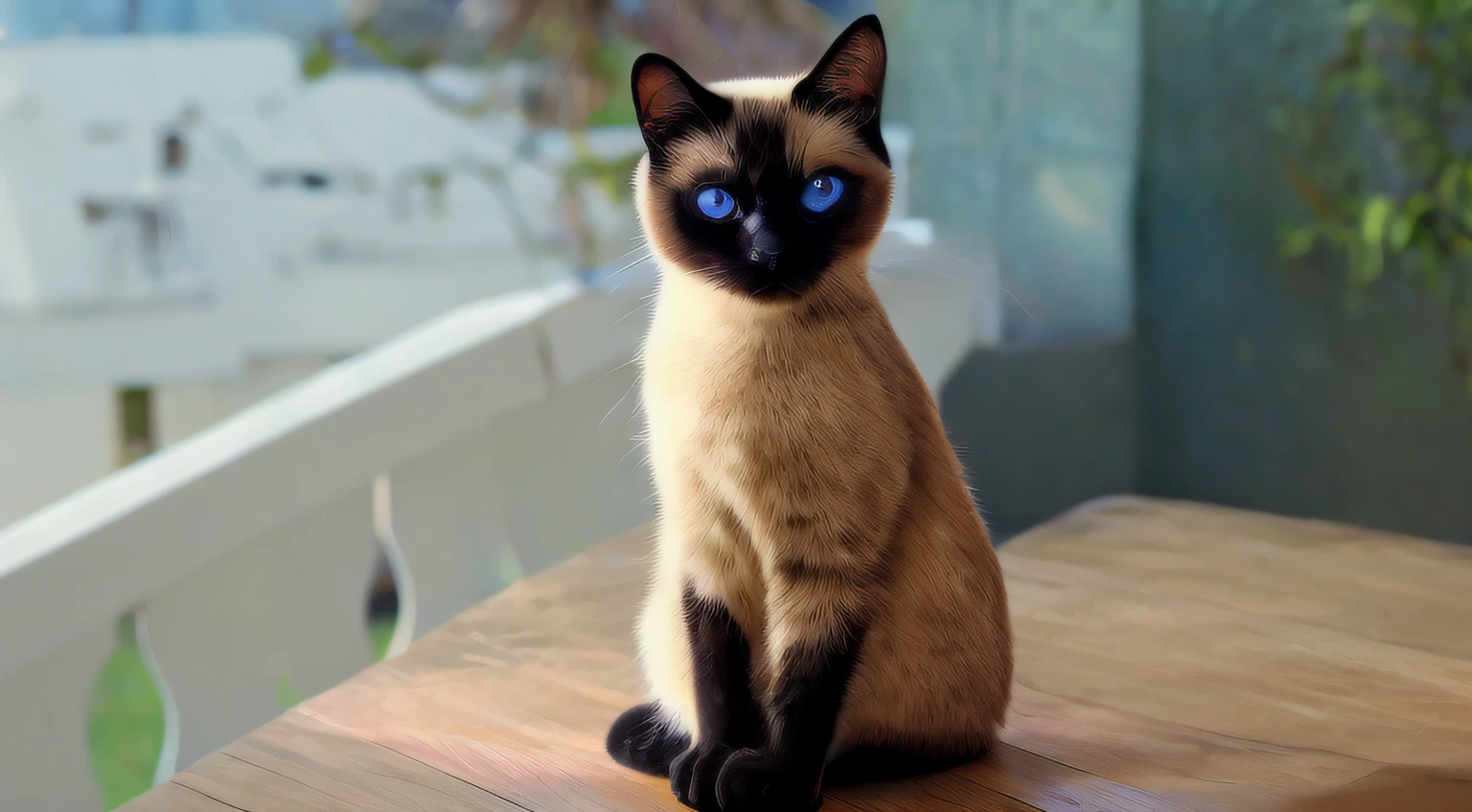 There is a cat sitting at a table on a balcony, aesthetic siamese cat, gato bonito, gato elegante, sentado em uma mesa cor de mocha, foto de um gato, gato na mesa, olhos azuis, sentado em uma mesa, foto do gato, gato ragdoll, Gato, felino, orgulhoso olhando para longe, Azul bonito - olhos, Pequenos olhos azuis
