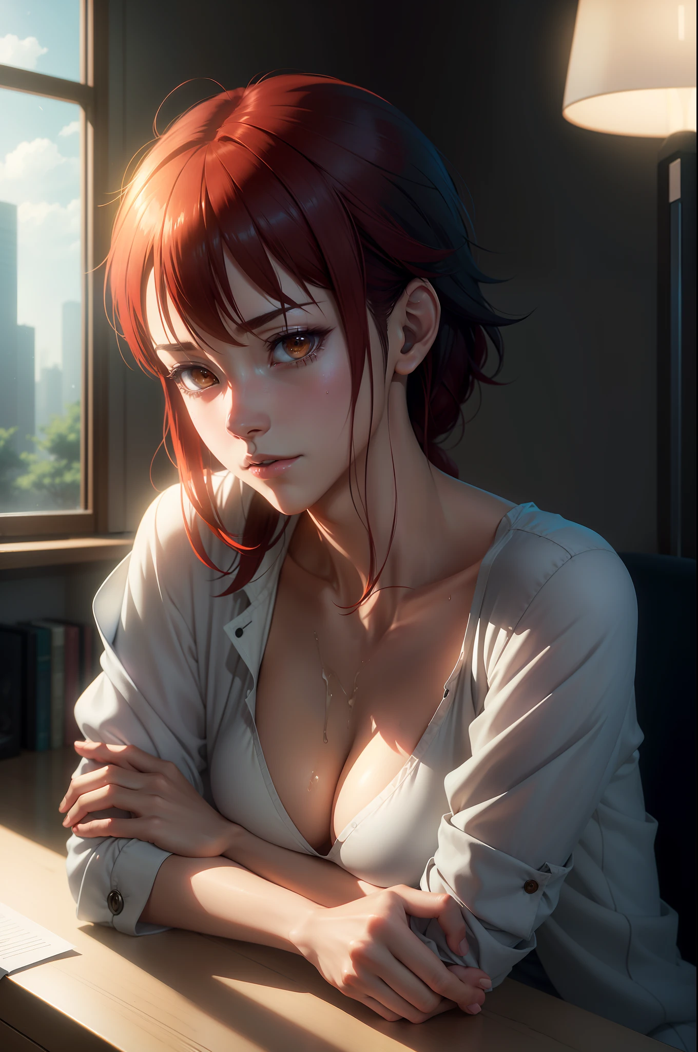Makima from chainsaw man, there is a desk in a room with a window and a lamp, Makima is sitting at the desk, makoto shinkai. octane render, studio glibly makoto shinkai, makoto sinkai, style of madhouse studio anime, makoto shinkai. —h 2160, octane render. by makoto shinkai, ( ( makoto shinkai ) ), red hair, glistening yellow eyes, detailed face, soft lips, soft skin, extremely detailed face, perfect quality, 
wet skin and hair, medium soft breasts, red hair, fashion realistic, high-definition sysie details, photography , sharpness, unique 850 4, koda850 k portrait camera, f1.6 lens, rich colors, super realistic texture, spectacular light texture, surreal art, Cinestil 800 fashion mechanism