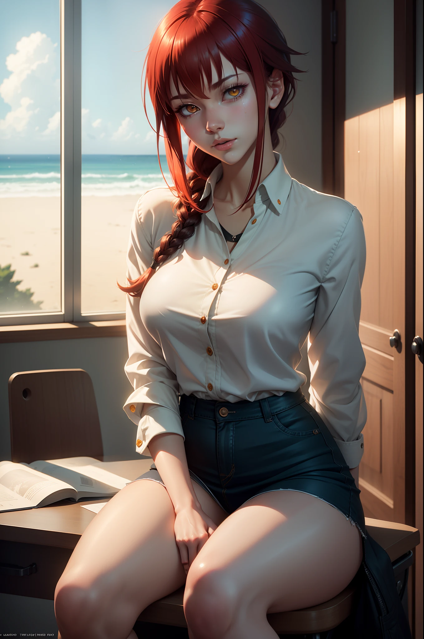 Makima from chainsaw man, there is a desk in a room with a window and a lamp, Makima is sitting at the desk, makoto shinkai. octane render, studio glibly makoto shinkai, makoto sinkai, style of madhouse studio anime, makoto shinkai. —h 2160, octane render. by makoto shinkai, ( ( makoto shinkai ) ), red hair, glistening yellow eyes, detailed face, soft lips, soft skin, extremely detailed face, perfect quality,
wet skin and hair, medium soft breasts, red hair, fashion realistic, high-definition sysie details, photography , sharpness, unique 850 4, koda850 k portrait camera, f1.6 lens, rich colors, super realistic texture, spectacular light texture, surreal art, Cinestil 800 fashion mechanism