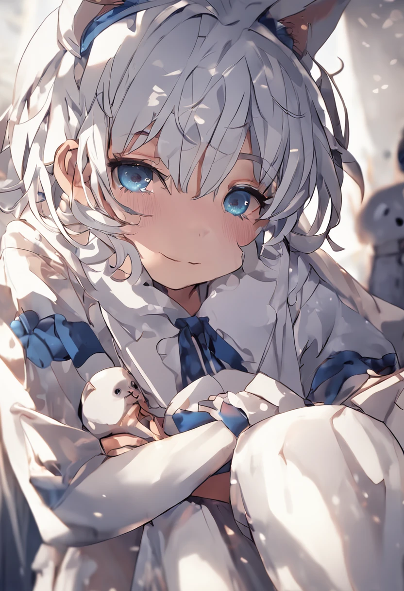 Best quality, super precision, One girl, Cute, girl, Young, Boyish, Childish, Small breasts, Silver hair, Cat ears, Blue eyes, Beautiful eyes, teen g Blush, Sailor collar, navel, Masturbation