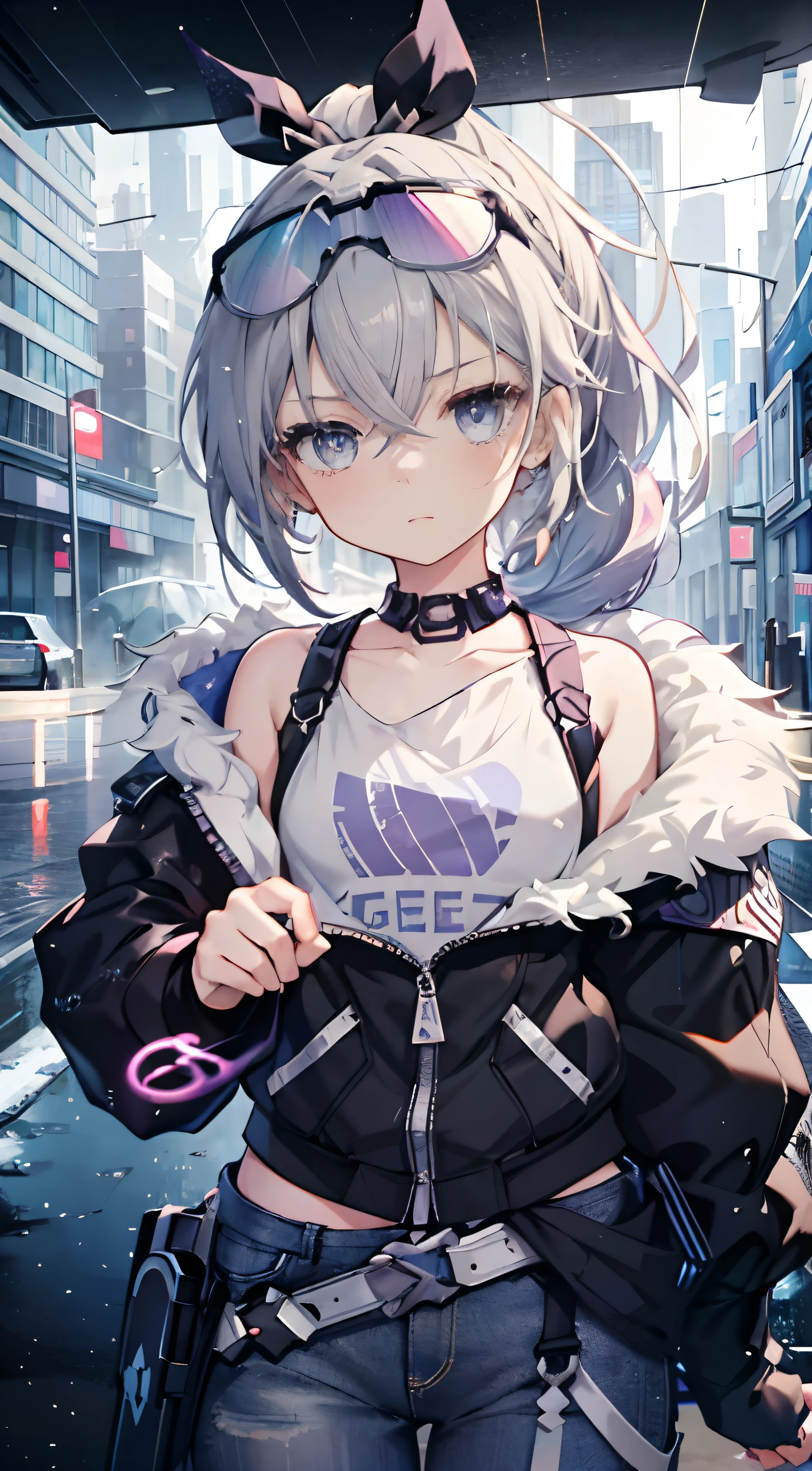 Exquisite masterpiece, best quality, illustration style, an anime girl with a curly ponytail, beautiful eyes, summer, white short-sleeved hem blown by the wind, jeans, blue-purple gradient goggles, small, heartwarming, youthful and beautiful, heroic and sassy, black and white matching, gray hair, showing a natural casual style. The dynamic posture contains the golden section, large aperture portrait, white space, strong contrast between light and shadow, super texture, super clear and concise picture, presenting extremely beautiful, elegant temperament, delicate facial expressions, city background, rainy days, road area water reflection