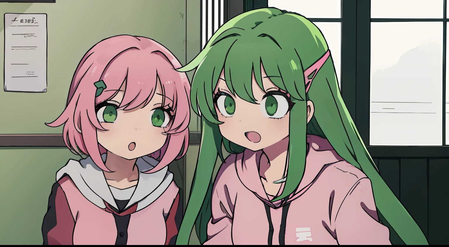 2 anime girls, 1 anime girl with long green hair, green school uniform, talking to a 2 anime girl with short pink hair pink hoodie choker hairclip, indoors