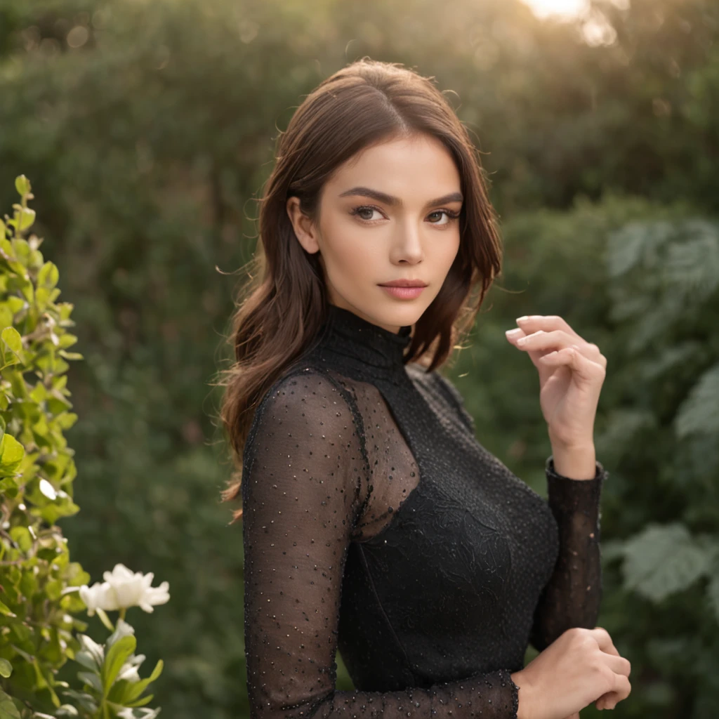 midshot of a young woman, Irina Shayk, turtle-neck black dress, very elegant, in a garden at the golden hour, flowers, rule of thirds, high quality background, ultra detailed scenery, ultra sharp focus, shot by MSchiffer