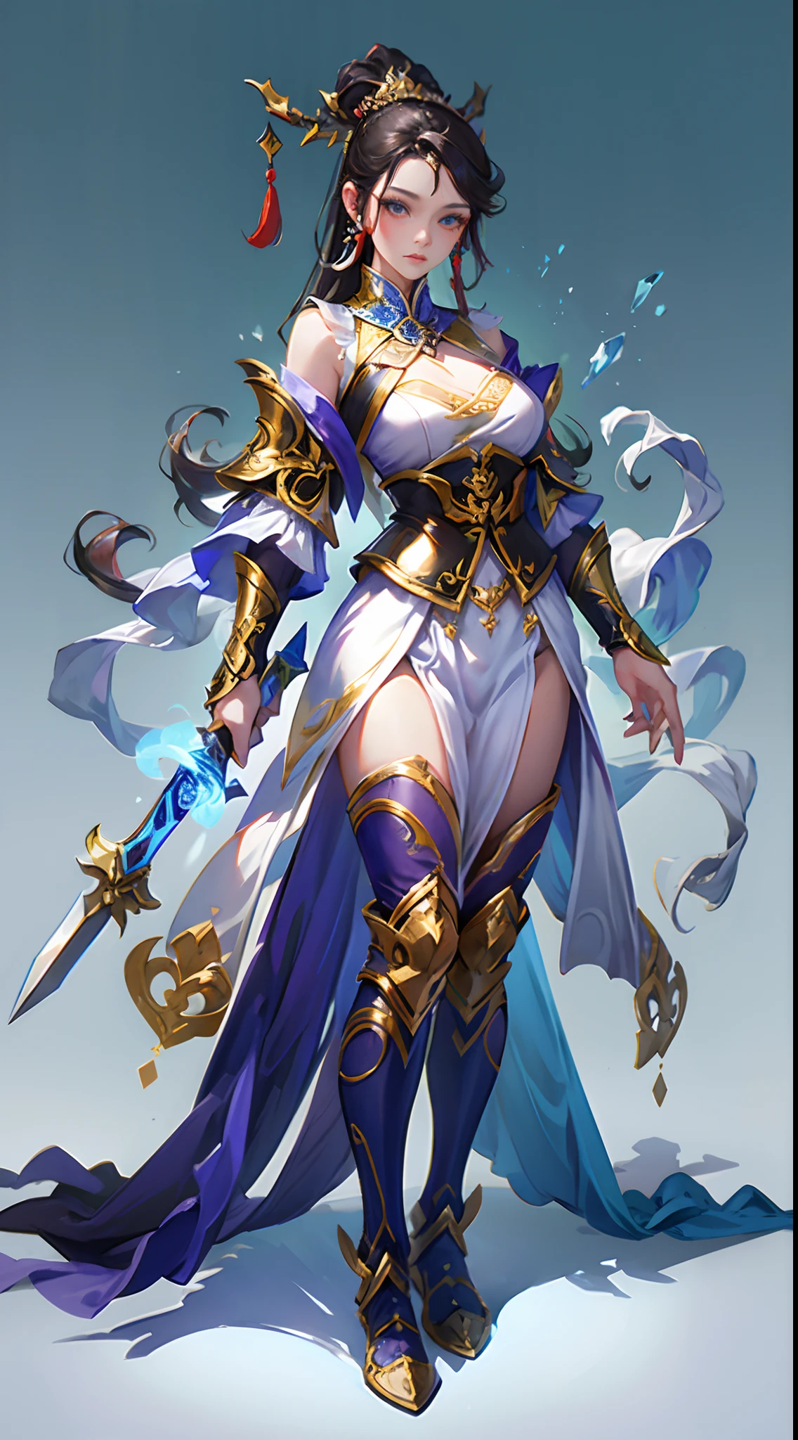 Game character, East Asian original art character design, 1girll, Solo, Brunette hair, full bodyesbian, hair adornments, dress, Long hair, Gradient, Gradient background, jewelry, Bare shoulders, Thighs, Chinese clothing, nipple tassels, [:(Gradient background:1.5):40],a close up of a person in a costume with a sword, Intricate white and gold armor, detailed full body concept art, ornate bikini armor, pale black armor