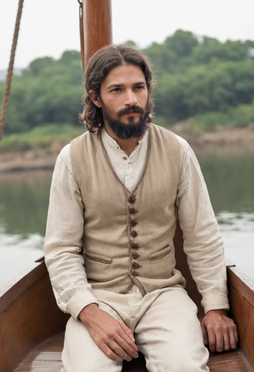 Jesus, sentado dentro de um barco de frente com as suas vestimentas , The boat has a roof and he has a sail next to him the boat is in a river the bench he is sitting on is very humble, wise, cabelos compridos  barba e bigode pretos