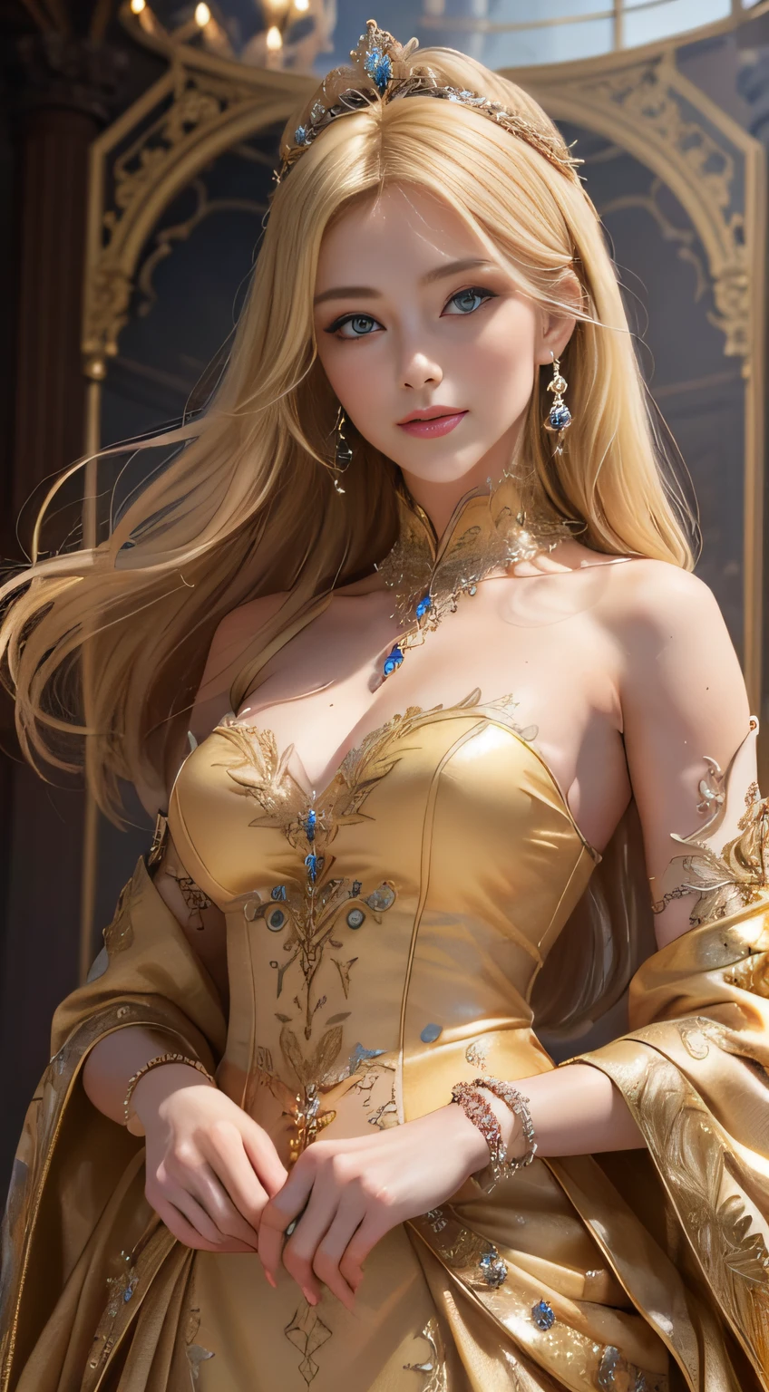 best quality, highly detailed, ultra-detailed, illustration, masterpiece,extremely detailed eyes and face, incredibly_absurd resolution, (blonde hair) , 1girl, wearing a meticulously crafted and luxurious gown showcasing intricate details, exquisite tailoring, and opulent fabrics, slim waist, light smile, whole body, facing towards the viewers, dynamic pose