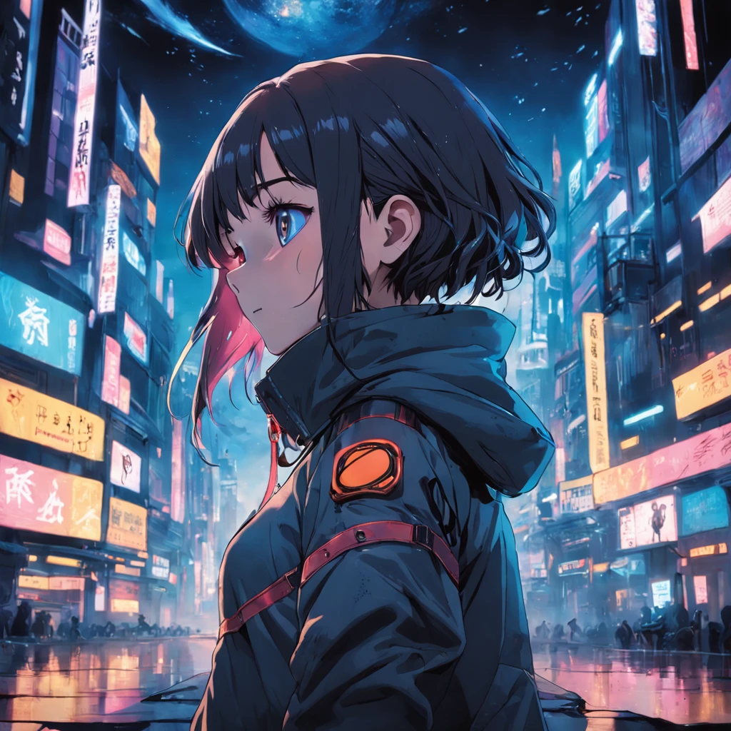 masterpiece, best quality, movie still, 1 girl, girl in techwear, dystopian,facing back, bright, girl with magic in hands, warm lighting, intense,smirk