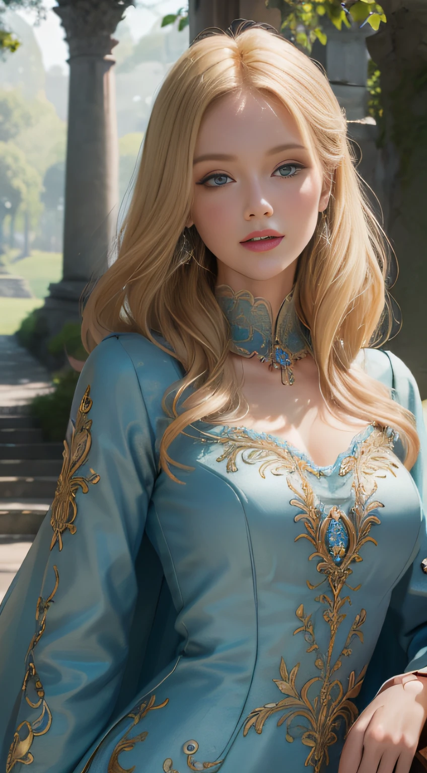 best quality, highly detailed, ultra-detailed, illustration, masterpiece,extremely detailed eyes and face, incredibly_absurd resolution, (blonde hair) , 1girl, wearing a blue meticulously crafted and luxurious gown showcasing intricate details, exquisite tailoring, and opulent fabrics, slim waist, light smile, whole body, facing towards the viewers, dynamic pose, green trees  background