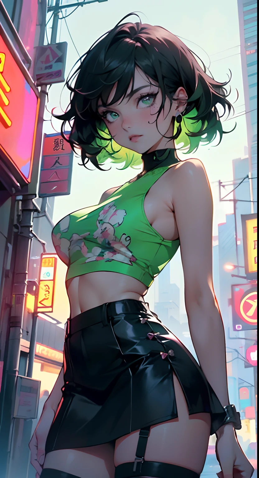 girl youtuber,(((1girl))),((extremely cute and beautiful green curly-haired anime girl walking down the street)),
(short breasts:1.4),(((green curly hair:1.35,very curly hair,colored inner hair,ear breathing,short hair))),((green eyes:1.3,upturned eyes:1.3,perfect eyes,beautiful detailed eyes,rainbow glows ultra-detailed yellow green eyes:1.1,gradient eyes:1,finely detailed beautiful eyes:1,symmetrical eyes:1,big highlight on eyes:1.2)),((fat)),(((lustrous skin:1.5,bright skin: 1.5,skin tanned,shiny skin,very shiny skin,shiny body,plastic glitter skin,exaggerated shiny skin))),delicate detailed fingers,detailed body,detailed arms,human hands,(detailed face)),
cute,slutty,seductive,erotic,(((nsfw))),
zettai ryouiki,revealing clothing,show skin,((rave mini-skirt,visible thong straps,white loose tank top with an anime girl print)),(detailed outfit,detailed clothes),
(dynamic pose:1.0),solo focus,embarrassed,centered,scale to fit dimensions,Rule of thirds,
outdoors,((night view)),(very pretty city neon synthwave,cyberpunk night street Background:1.5,dark sky,thick clouds),future vehicles,((neon lights)),thick clouds,(cyberpunk style,neon lights, (synthwave theme background), lonely street),(((detailed background:1.25))),
(best quality),(high resolution),(sharp focus),(ultra detailed),(extremely detailed),(extremely high quality artwork),8k_wallpaper,(extremely detailed CG 8k),(very fine 8K CG),((hyper super ultra detailed perfect piece)),flawless,(((masterpiece))),illustration,vibrant colors,(intricate),High contrast,Selective lighting,Double exposure,HDR (High Dynamic Range),Post-processing,Background blur,