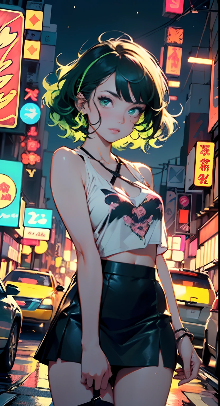 girl youtuber,(((1girl))),((extremely cute and beautiful green curly-haired anime girl walking down the street)),

(short breasts:1.4),(((green curly hair:1.35,very curly hair,colored inner hair,ear breathing,short hair))),((green eyes:1.3,upturned eyes:1.3,perfect eyes,beautiful detailed eyes,rainbow glows ultra-detailed yellow green eyes:1.1,gradient eyes:1,finely detailed beautiful eyes:1,symmetrical eyes:1,big highlight on eyes:1.2)),((fat)),(((lustrous skin:1.5,bright skin: 1.5,skin tanned,shiny skin,very shiny skin,shiny body,plastic glitter skin,exaggerated shiny skin))),delicate detailed fingers,detailed body,detailed arms,human hands,(detailed face)),

cute,slutty,seductive,erotic,(((nsfw))),

zettai ryouiki,revealing clothing,show skin,((rave mini-skirt,visible thong straps,white loose tank top with an anime girl print)),(detailed outfit,detailed clothes),

(dynamic pose:1.0),solo focus,embarrassed,centered,scale to fit dimensions,Rule of thirds,

outdoors,((night view)),(very pretty city neon synthwave,cyberpunk night street Background:1.5,dark sky,thick clouds),future vehicles,((neon lights)),thick clouds,(cyberpunk style,neon lights, (synthwave theme background), lonely street),(((detailed background:1.25))),

(best quality),(high resolution),(sharp focus),(ultra detailed),(extremely detailed),(extremely high quality artwork),8k_wallpaper,(extremely detailed CG 8k),(very fine 8K CG),((hyper super ultra detailed perfect piece)),flawless,(((masterpiece))),illustration,vibrant colors,(intricate),High contrast,Selective lighting,Double exposure,HDR (High Dynamic Range),Post-processing,Background blur,