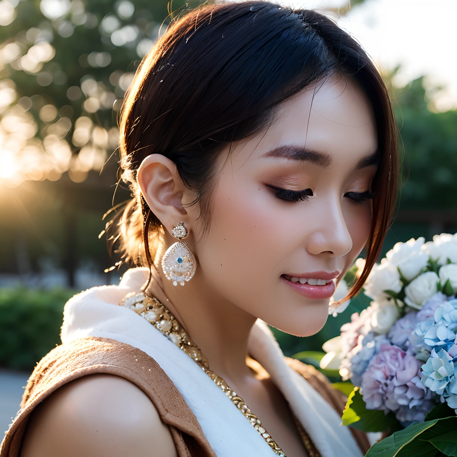 (((Upper body photo, medium shot)))), ((Single eyelid))),(Sunset backlight))),((Lens flare)),((Lens flare)),(In Chinese garden in china clothes)),((Super Soft Focus))))), smiling, (Profile)))))), (Eyes closed)))), twilight, showeringSurrounded by colorful hydrangeas, hydrangeas in the background, ((soft sunset)), (yinchuan:1.5), masterpiece, best quality, raw photo, photorealistic, face, beautiful girl, cute, short hair, (((depth of field)))), high resolution, ultra detail, fine detail, very detailed, cinematic lighting