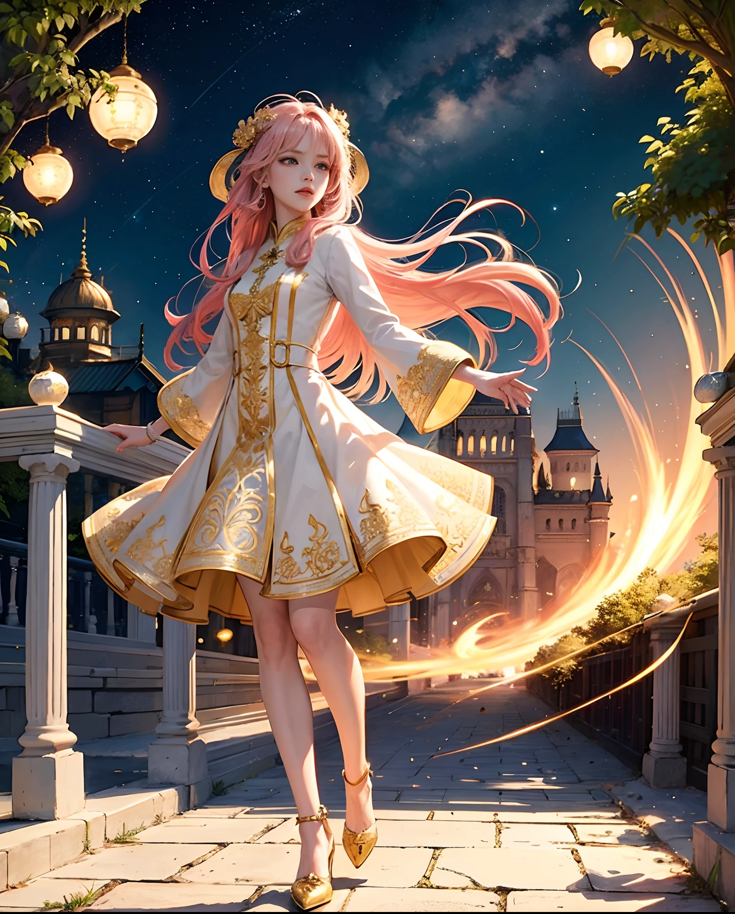 Official Art、Wizard of Time、Using time magic to travel across time and space、The background is reminiscent of the passage of time、In the background, you can see a lot of clocks and many clock parts.、Mage's Clothing、PerfectNwsjMajic,(masterpiece、top-quality、top-quality、Official art、Beautifully Aesthetic:1.2)、(1girl in)、ighly detailed、colourfull、highestdetailed、Official art、Unity 8k壁纸、ultra-detailliert、Beautifully Aesthetic、Beautiful fece、masterpiece、top-quality、(Zentangle、a Mandala、Tangles、Entanglement)、Holy Light、gold foil、Gold leaf art、glitter drawing、pure、There are also resilient messages, Overcoming and hope. Breasts are small and B size、Eyes are double, Beautifully detailed、Hair that flutters in the wind、Golden hair with pink gradient hair color、Pale pink haori、high-heels、Gold Anklet、