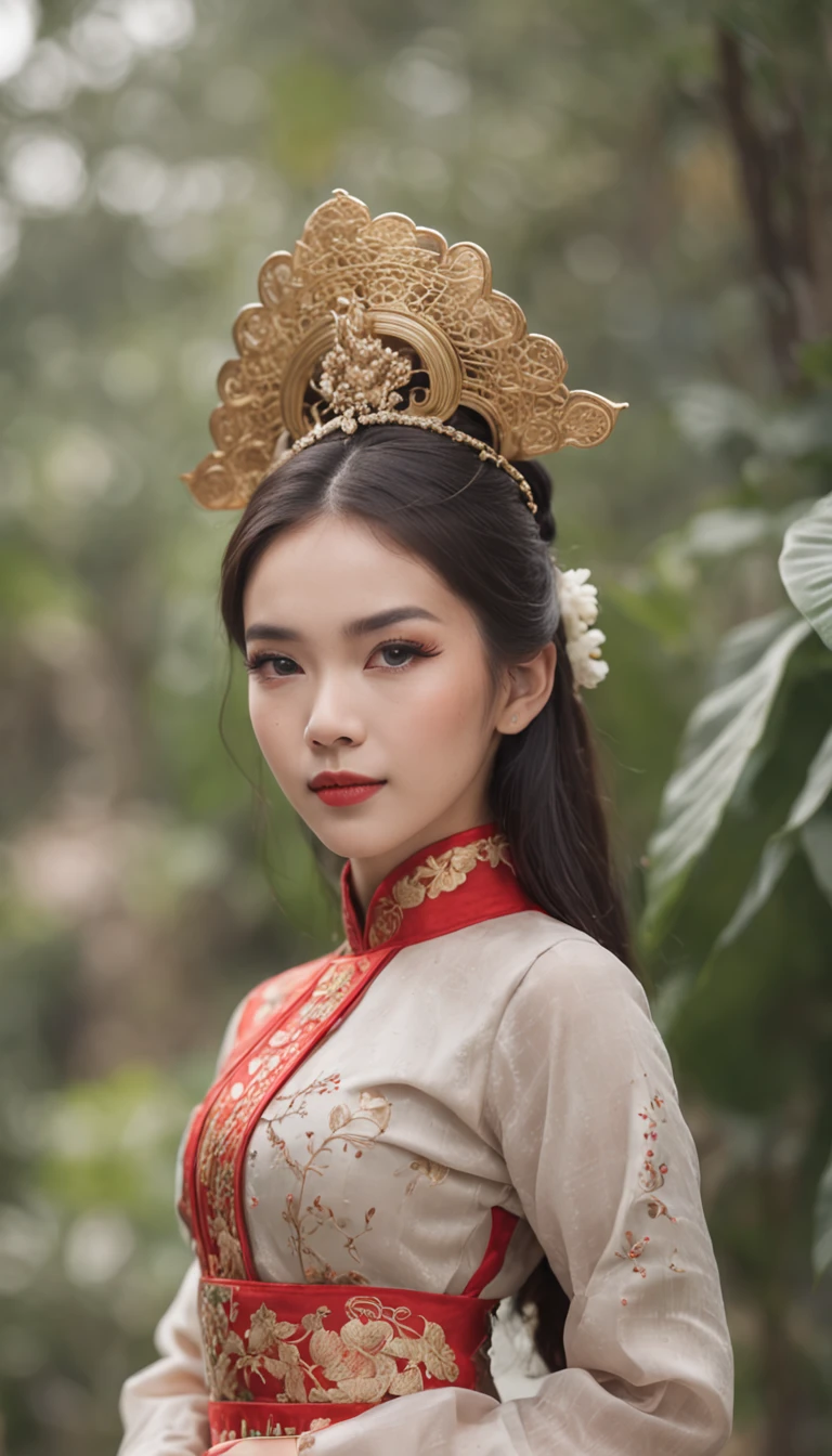 (FULL BODYSHOT:1.4), colorfull background, (1 vietnamese young girl, aodai, nhat binh, nhat binh dress, Halo, Exquisite headdress, Smile), (paper art, Quilted Paper Art, Geometry), highly colorful
