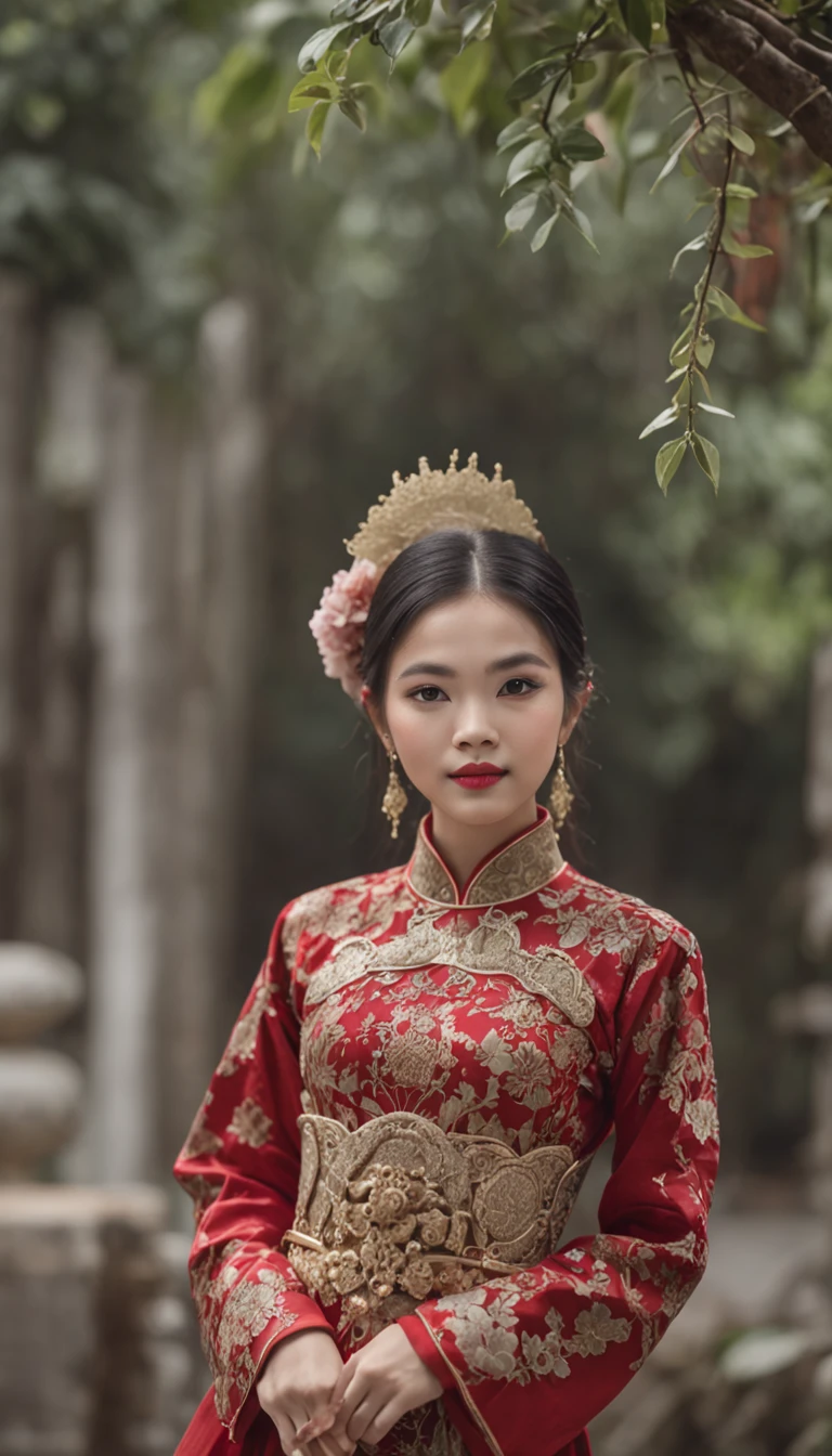 "Vietnamese girl wearing a traditional and exquisite dress."