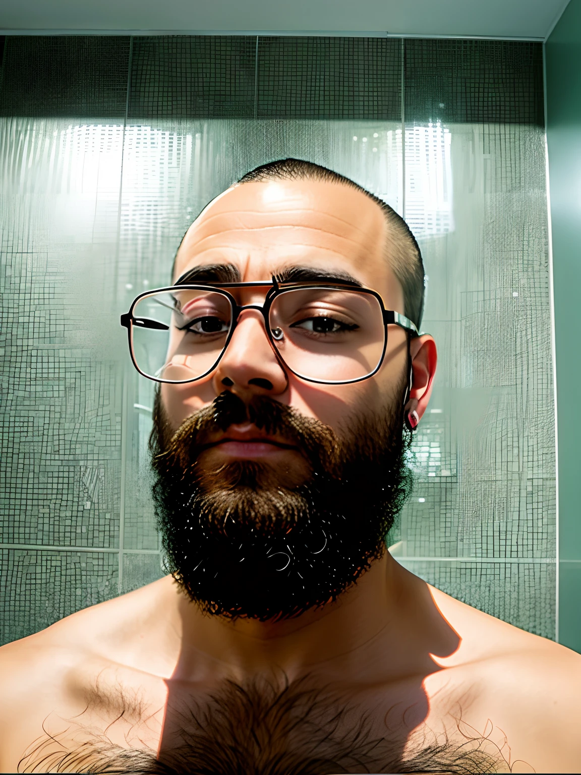 close up of huge load of cum on the face of a 35-year-old stocky chubby thick Japanese Judo athlete with beard and short hair and glasses in a mens room