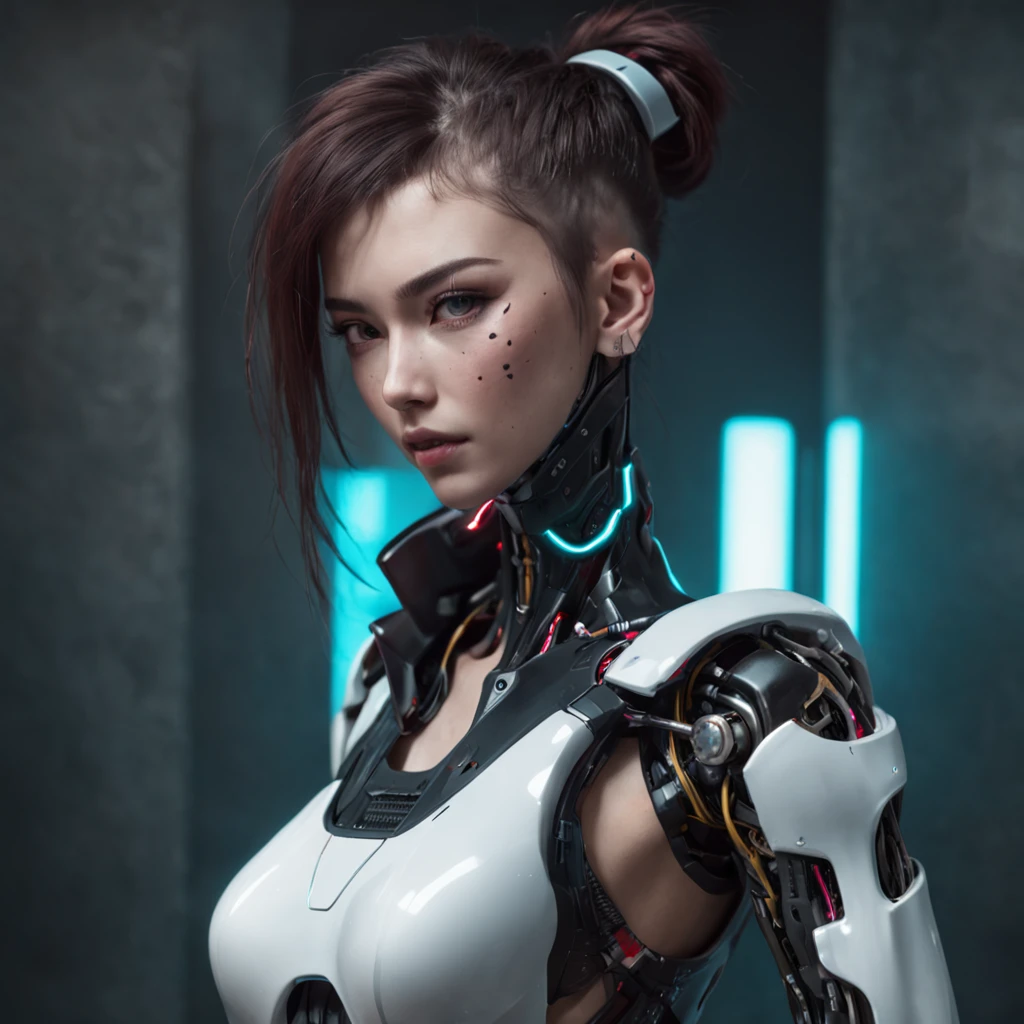 A woman with a robotic part, ::style futurista cyberpunk, Estilo realista ::n_style pintura digital, deformed parts, rosto deformado