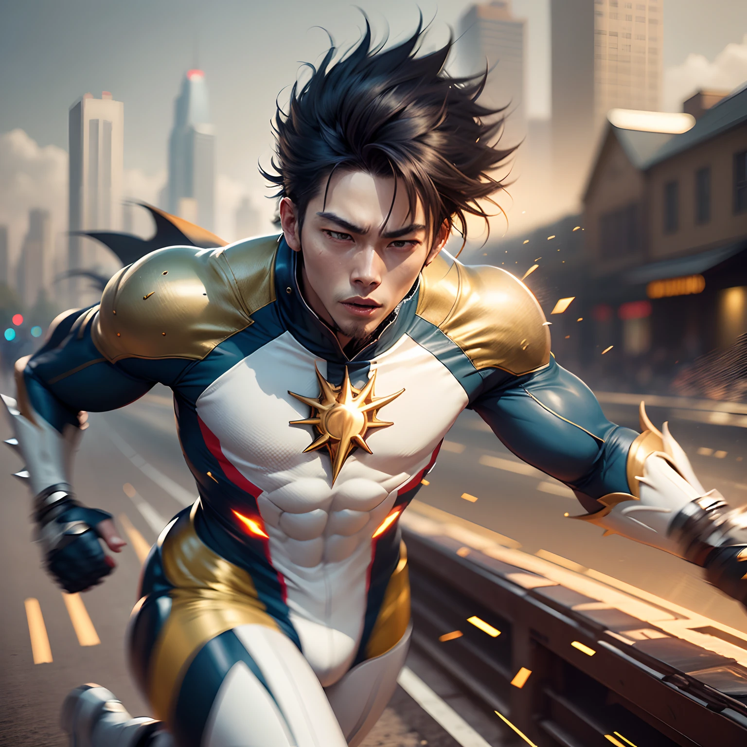 ((realistic: 1.5)),((best quality)), ((masterpiece)),((detailed)), man, spiky hair, asian, superhero outfit speedster, running, speed effect, on a long road