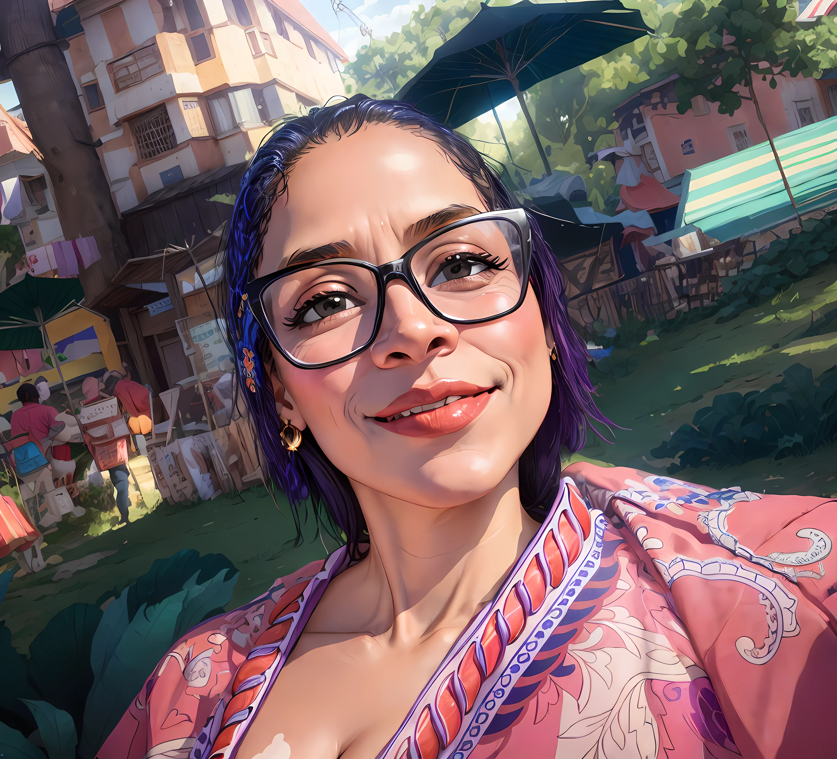 Smiling woman in colorful dress and glasses holding a doughnut, Directed by: Nandor Soldier, inspirado em Maria Helena Vieira da Silva, 3 5 year brazilian mother, imagem de perfil, inspirado em Francis Souza, by Maria Helena Vieira da Silva, Parece Fabiula Nascimento, 4 5 I, 3 0 anos mulher, Anos Imane