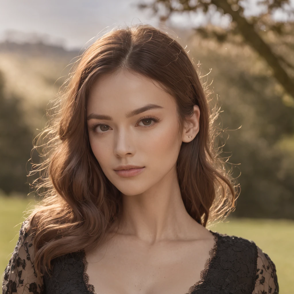 midshot of a young woman, Irina Shayk, turtle-neck black dress, very elegant, in a garden at the golden hour, flowers, rule of thirds, high quality background, ultra detailed scenery, ultra sharp focus, shot by MSchiffer, volumetric light, high detailed, 4k detailed, 8k texture