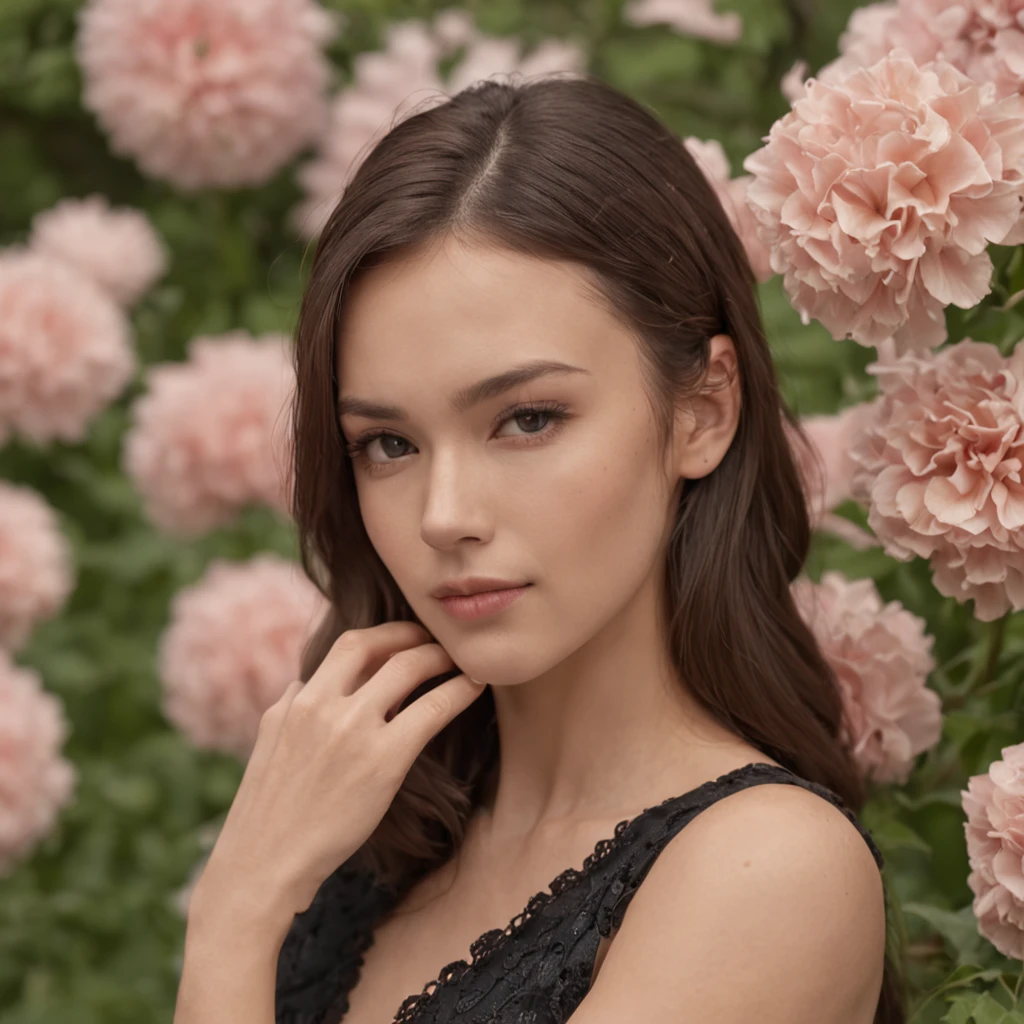midshot of a young woman, Irina Shayk, turtle-neck black dress, very elegant, in a garden at the golden hour, flowers, rule of thirds, high quality background, ultra detailed scenery, ultra sharp focus, shot by MSchiffer, volumetric light, high detailed, 4k detailed, 8k texture