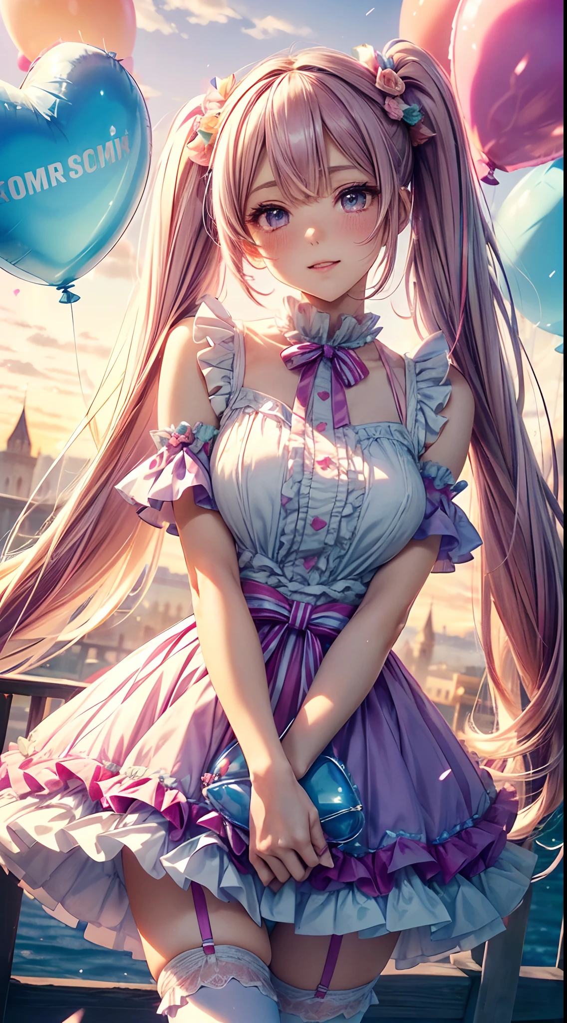 (fullbody, legs and shoes visible: 1.2)) expressive eyes, woman, pale skin, long hair, windblown hair, ((absurdly long hair)), long sidelocks, hime bangs, hair fringe, hair bun, ((very long twintails)), iridescent hair, light pink hair, blushing, full face blushing, big sparkling pastel purple eyes, (gradient eyes), open mouth smile, cute pose, ((holding balloons : 1.3))
((cute and pastel fashion)) ((🌞🥳😃🌹🌷🌳 theme : 1.4)) flowy pastel dress, ((dreamy multicolored open dress)), (floating ribbons), lavender ruffles, pink frills, (light blue lace), detached short sleeves, puffy skirt, ((rainbows and stars print skirt : 1.3)), lolita skirt, purple bows, ((pompon ribbons hair ornament : 1.4)), multiple bows, striped lace stockings, (heart shaped leg garter), cute (pastel purple) shoes ((hyperdetailed clothing and fashion)) looking at you, vintage girl, blushing, (beautiful detailed eyes), (extremely detailed CG unity 8k wallpaper) (best shadow), ((an extremely delicate and beautiful)), (detailed light), ((depth of field)) big head, big sparkling eyes, moe, splash art, cinematic lighting, frontal view, volumetric lighting maximalist photo illustration 64k resolution high res intricately detailed complex key visual precise linear
((in the dreamy pastel sky background, surrounded by sunset clouds, shooting stars, castles in the clouds)) ((hyperdetailed scenery, foggy clouds, suspended by balloons, hearts : 1.3))
