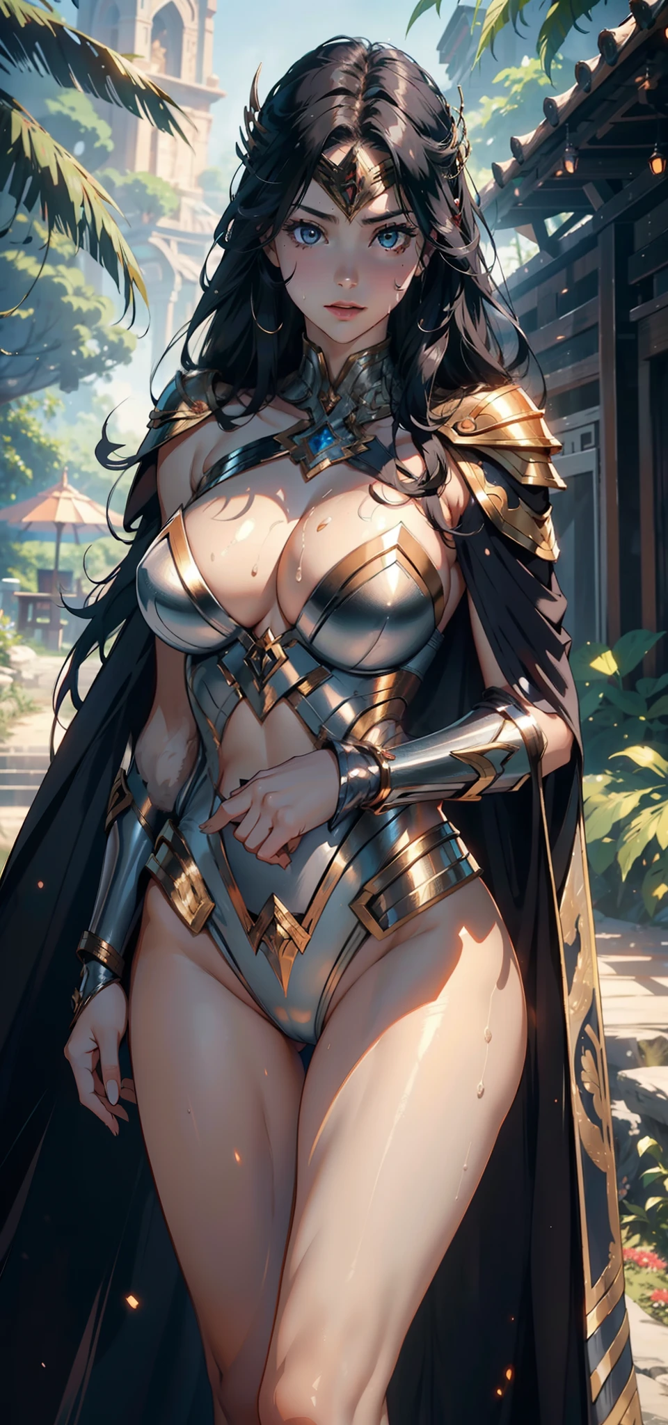 1female，35yo，Slim，熟妇，gigantic cleavage breasts，Big breasts Thin waist，slenderlegs，Pornographic exposure， 独奏，（Background with：ln the forest，the rainforest，in summer） She has long black hair，standing on your feet，Sweat profusely，drenched all over the body，seen from the front， hair straight， mostly cloudy sky，（（（tmasterpiece），（Very detailed CG unity 8K wallpaper），best qualtiy，cinmatic lighting，detailed back ground，beatiful detailed eyes，Bright pupils，（Very fine and beautiful），（Beautiful and detailed eye description），ultra - detailed，tmasterpiece，）），facing at camera，A high resolution，ultra - detailed），revealing breasts，Bare genitalia，  Bulge，legs are open，Raised sexy，Camel toes，Flushed complexion，Open-mouthed，frontage，Gold Saint Seiya（Wearing：a white bikini，Wonder Woman uniform，，Cloak）