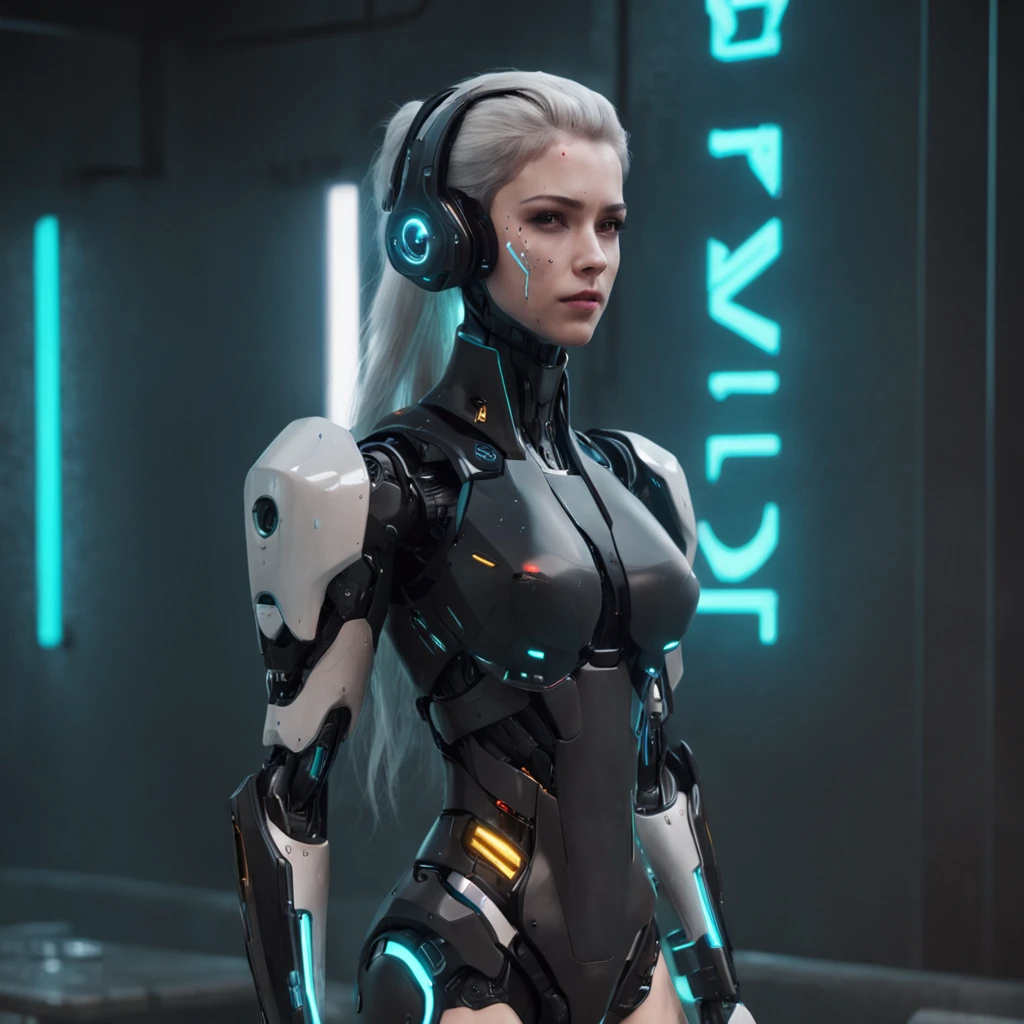 Emma as a woman with a robotic piece, ::style futurista cyberpunk, Estilo realista, ::n_style pintura digital, Shape parts. rosto deformado
