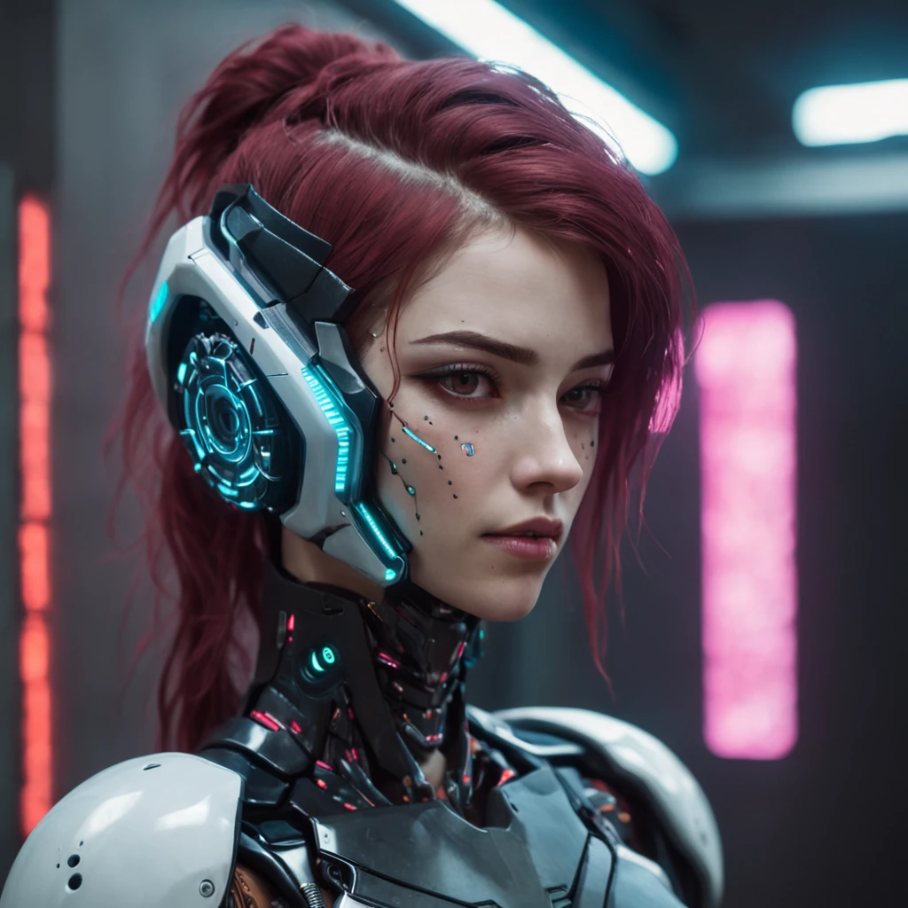 Emma as a woman with a robotic piece, ::style futurista cyberpunk, Estilo realista, ::n_style pintura digital, Shape parts. rosto deformado