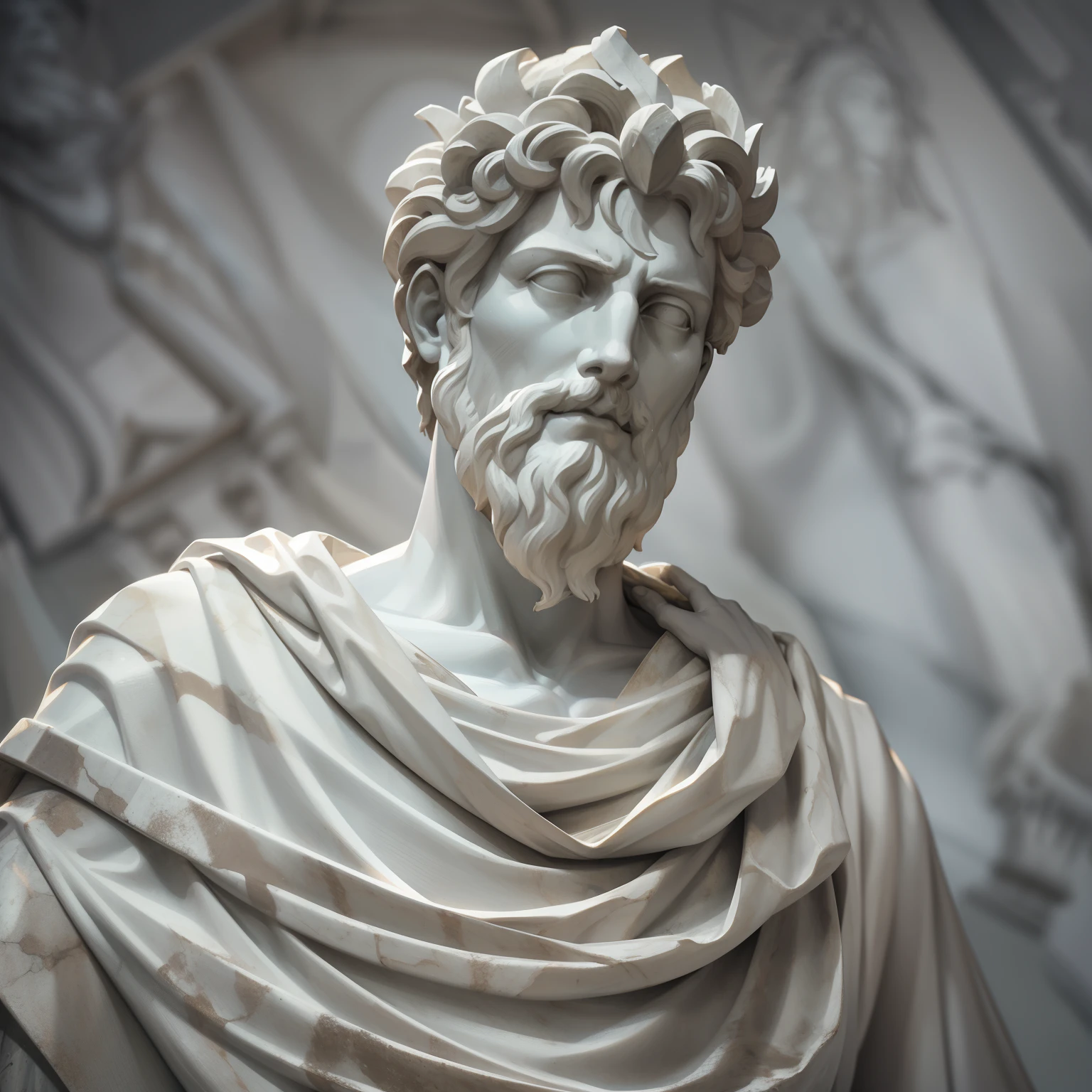 A carefully detailed realistic Greek white marble statue of Marcus Aurelius wearing a ghostly toga, fundo neutro, Moody, , fotorrealista, Jantar de cinema atencioso, super detalhada, Hiper realista, luzes brilhantes, 8 mil