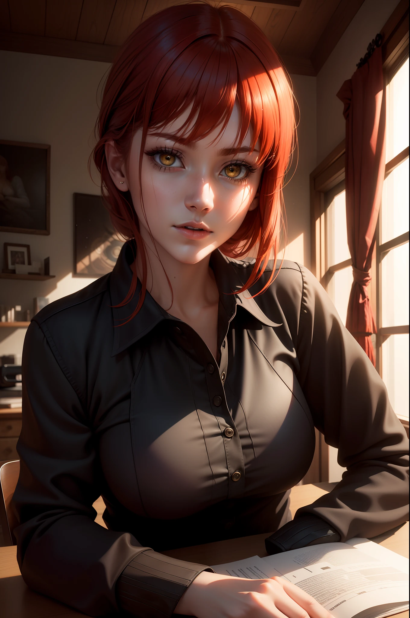 Makima from chainsaw man, there is a desk in a room with a window and a lamp, Makima is sitting at the desk, red hair, glistening yellow eyes, detailed face, soft lips, soft skin, extremely detailed face, perfect quality, wet skin and hair, medium soft breasts, red hair, fashion realistic, high-definition sysie details, photography , sharpness, unique 850 4, koda850 k portrait camera, f1.6 lens, rich colors, super realistic texture, spectacular texture, surreal art, Cinestil 800 fashion mechanism, moody